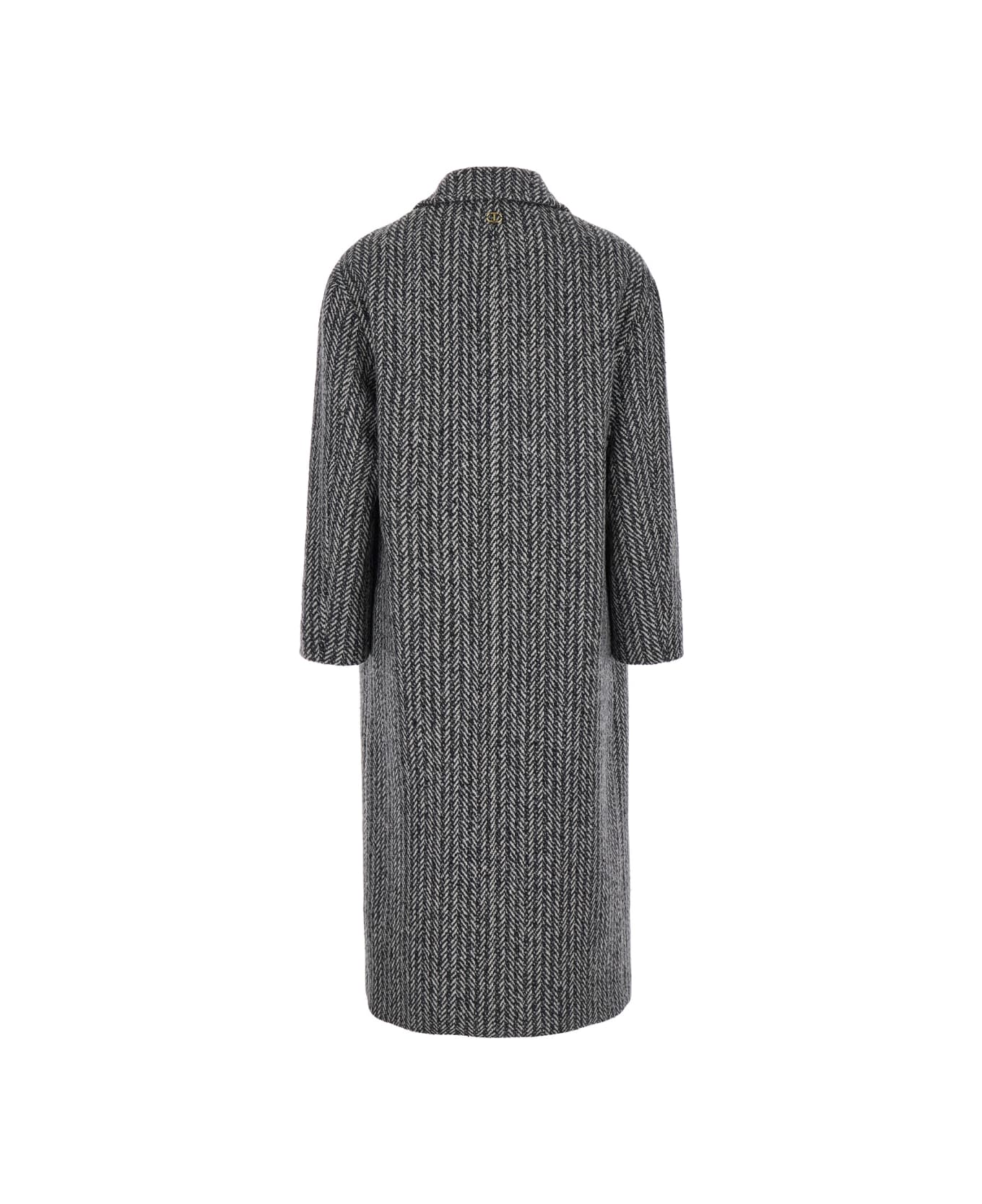 TwinSet Grey Double-breasted Coat With With Fishbone Motif In Wool Blend Woman - Grey