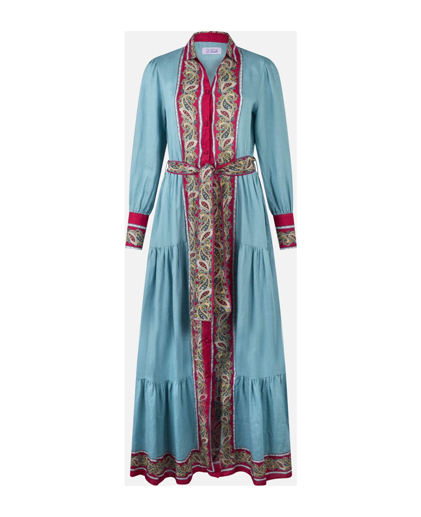 MC2 Saint Barth Woman Light Blue Linen Dress Jensen With Paisley Placed Print