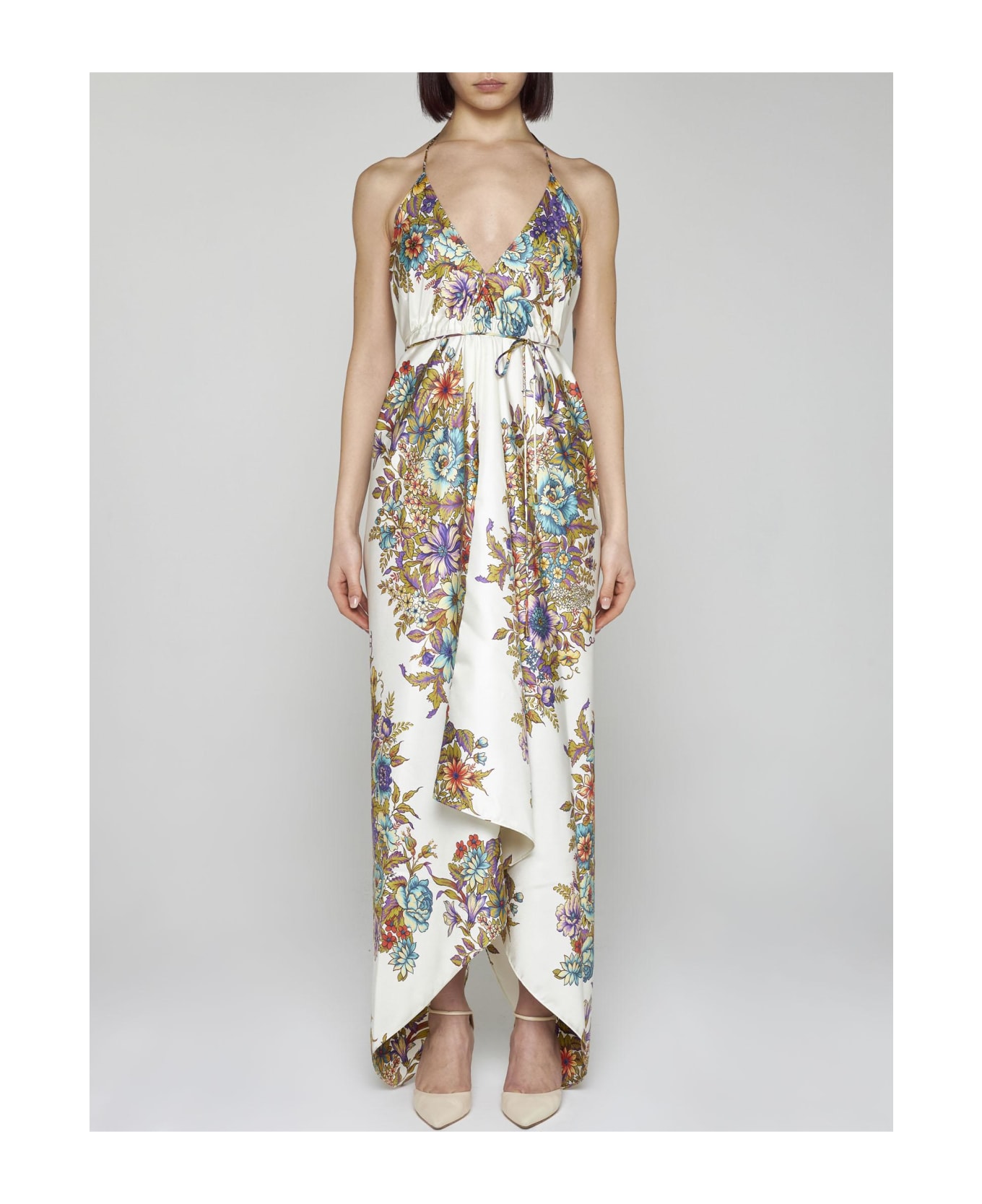 Etro Floral Print Silk Long Dress - Stampa f.do bianco