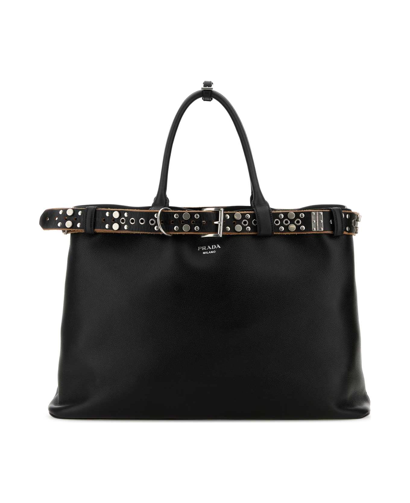 Prada Black Leather Large Prada Buckle Shopping Bag - NERO