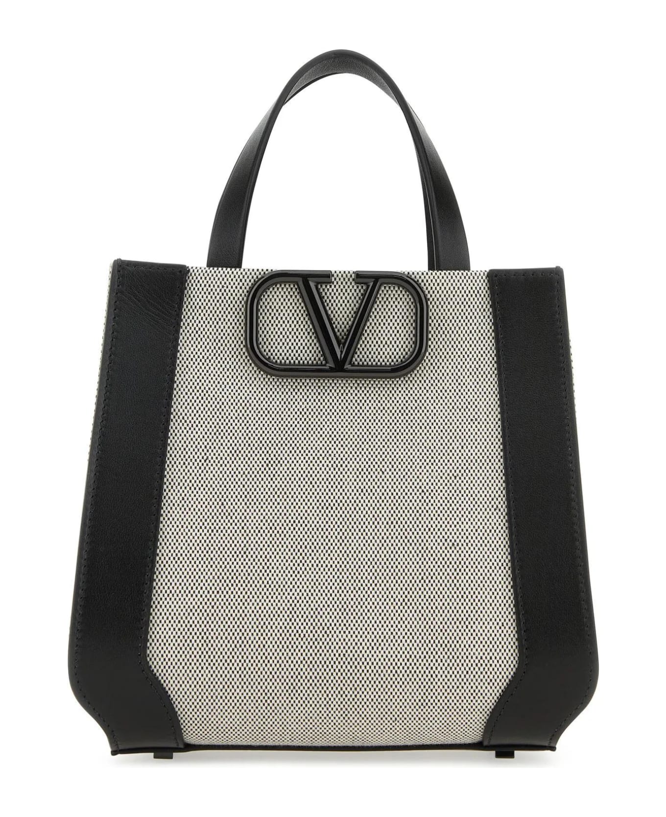 Valentino Garavani Two-tone Canvas And Leather Vlogo Handbag - Black