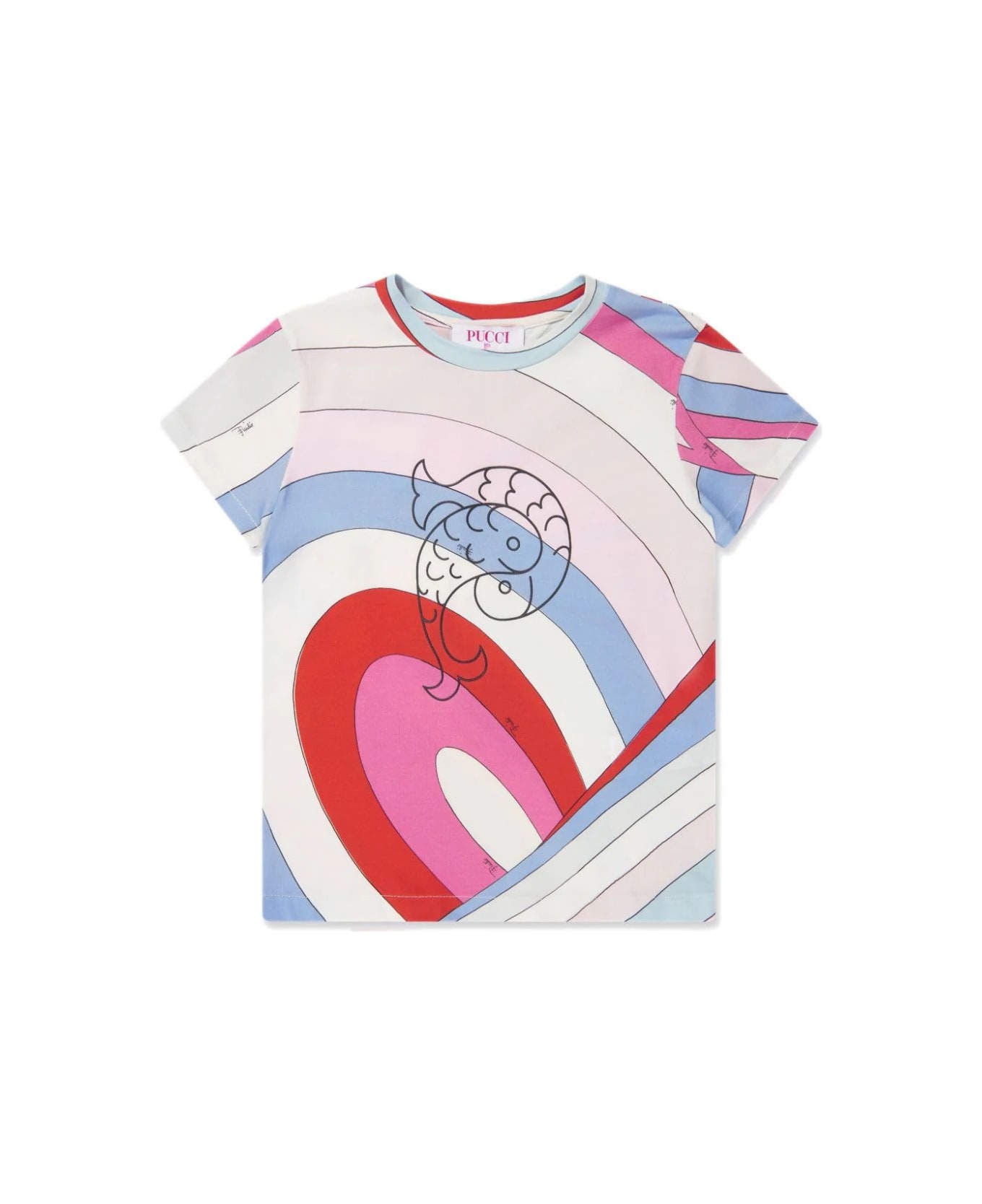 Pucci T-shirt With Fish Motif And Iris Print In Light Blue/multicolour - Blue