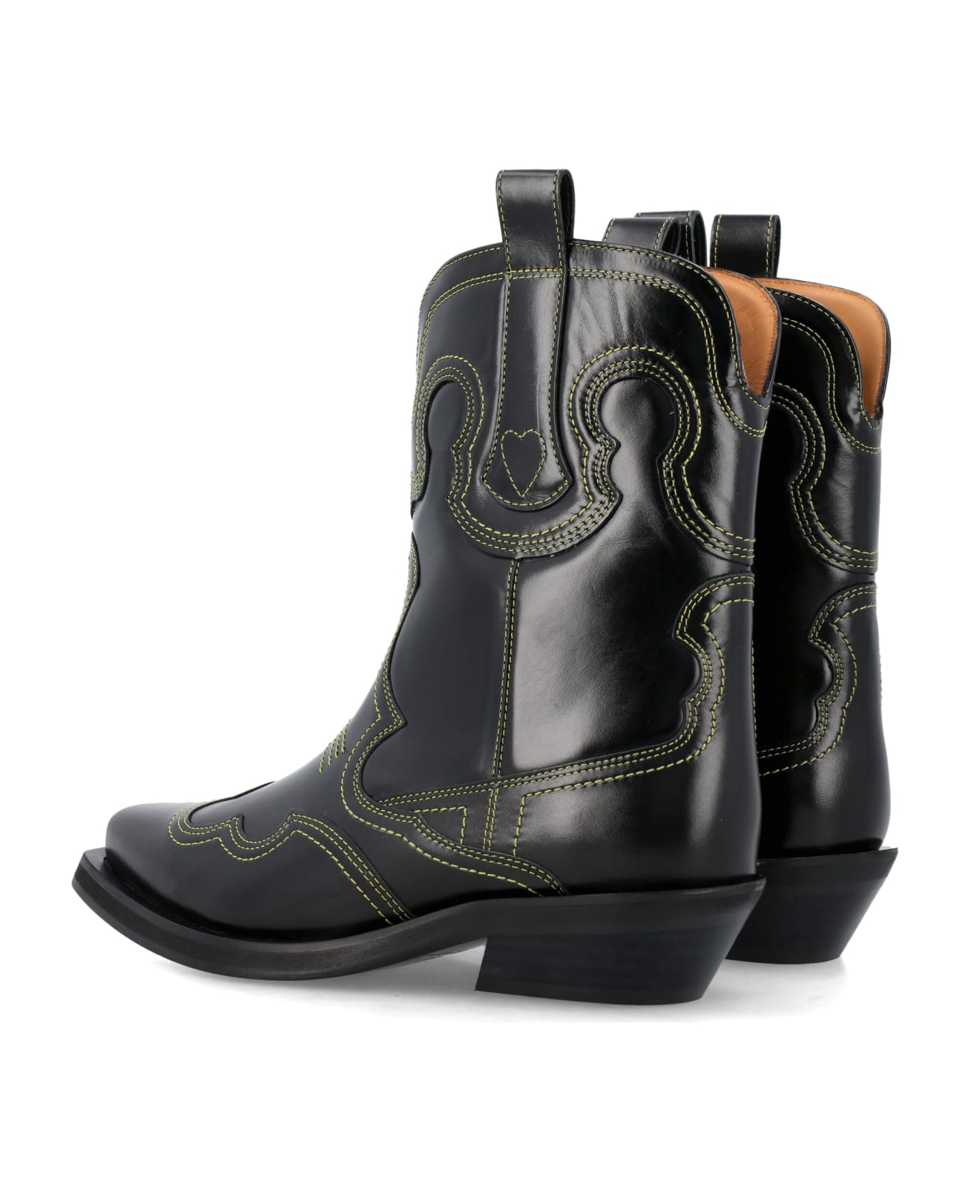 Ganni Embroidered Low Western Boots - BLACK YELLOW