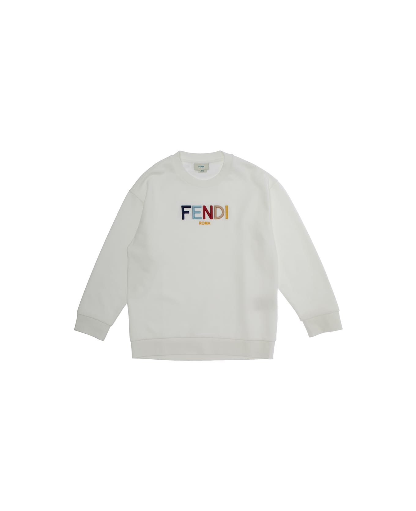 Fendi White Crewneck Swratshirt With Multicolor Logo Lettering In Cotton Boy - White