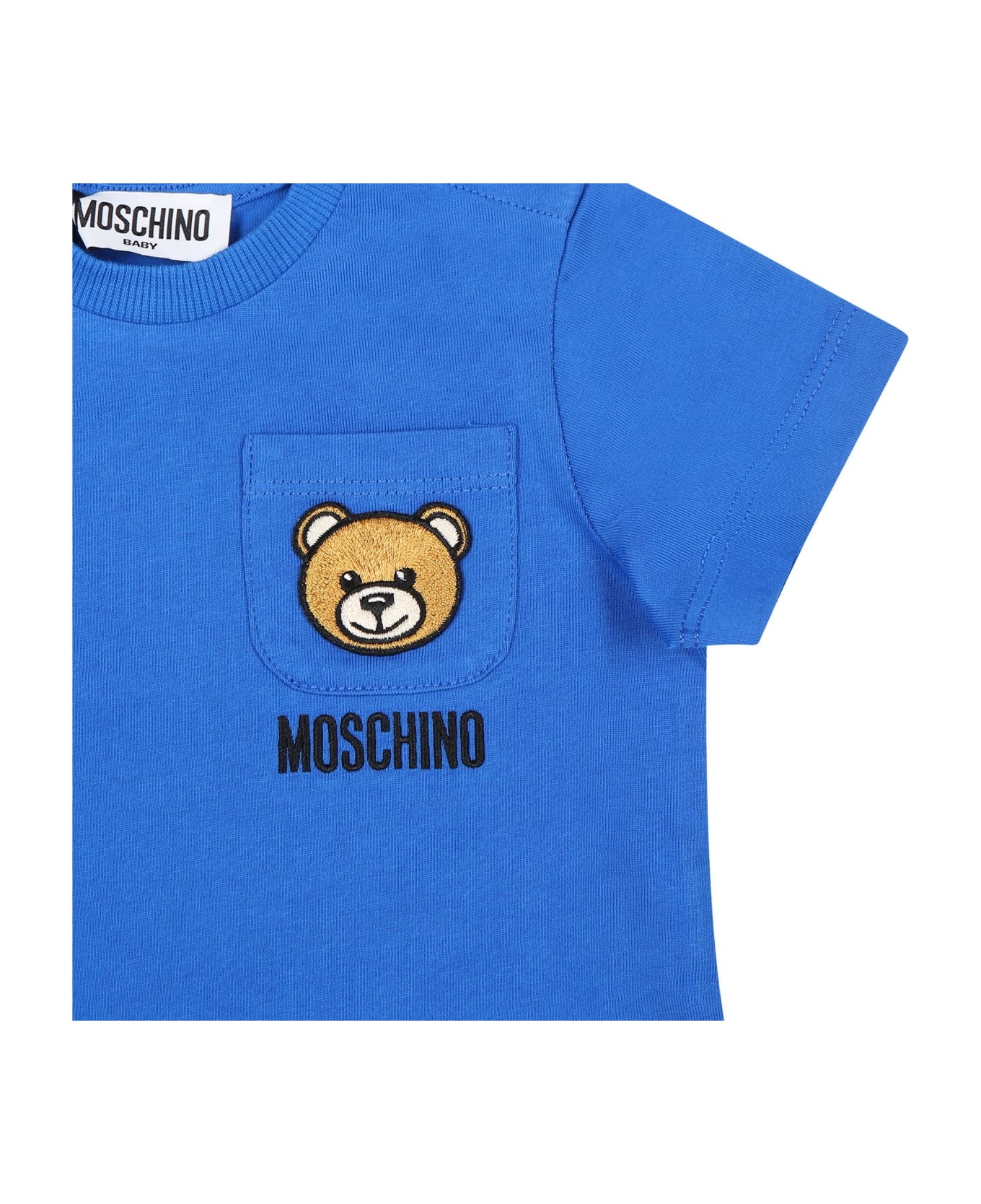 Moschino Blue T-shirt For Baby Boy With Teddy Bear And Logo - Blue Tシャツ＆ポロシャツ