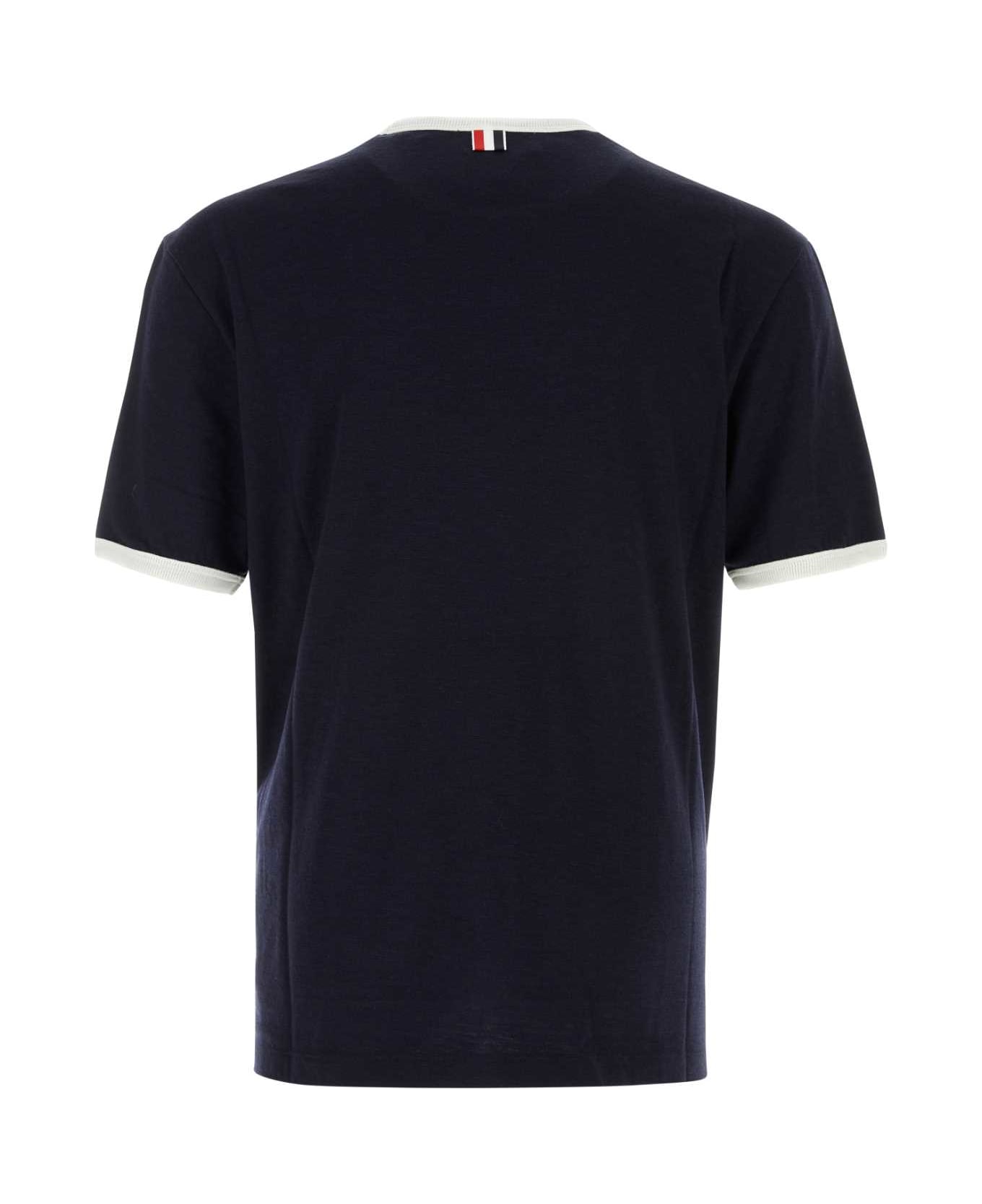 Thom Browne Navy Blue Stretch Wool T-shirt - NAVY