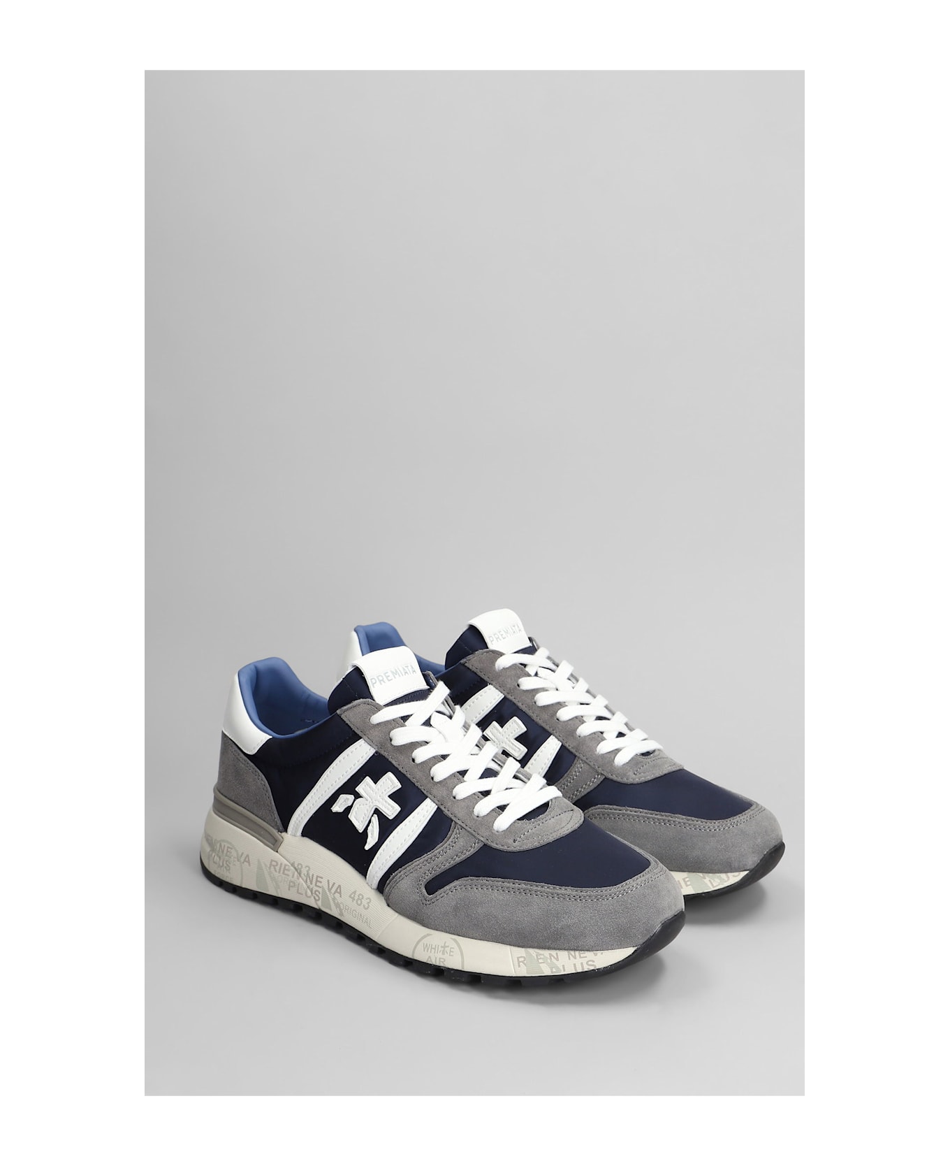Premiata Lander Sneakers In Blue Suede And Fabric - blue
