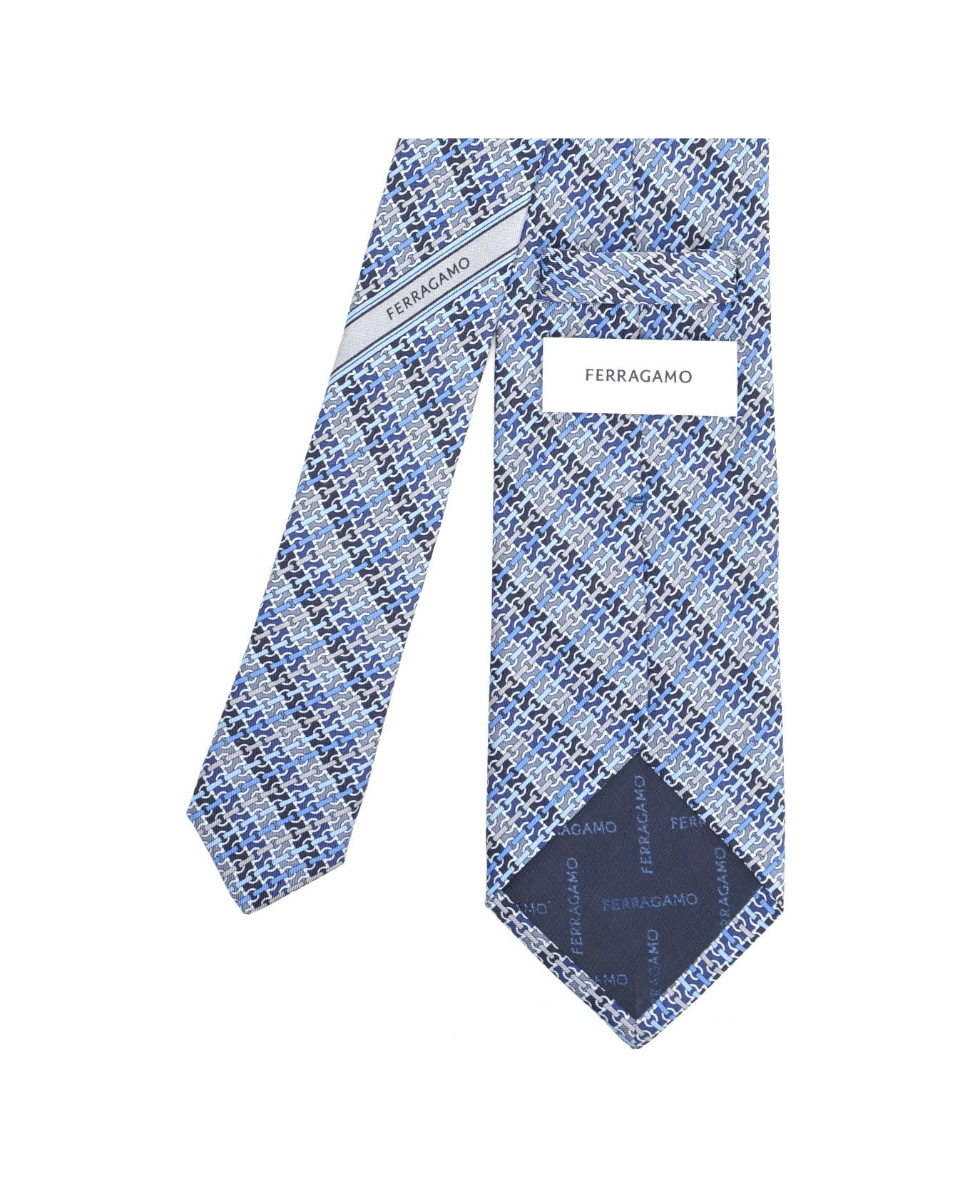 Ferragamo Gancini Chain Print Silk Tie - BLUE