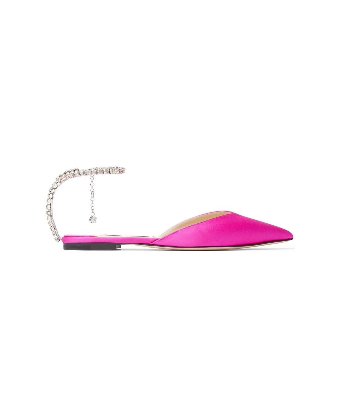 Jimmy Choo Fuchsia Pink Ballerina Flat Shoes With Crystal Embellishment In Satin Woman - Fuxia