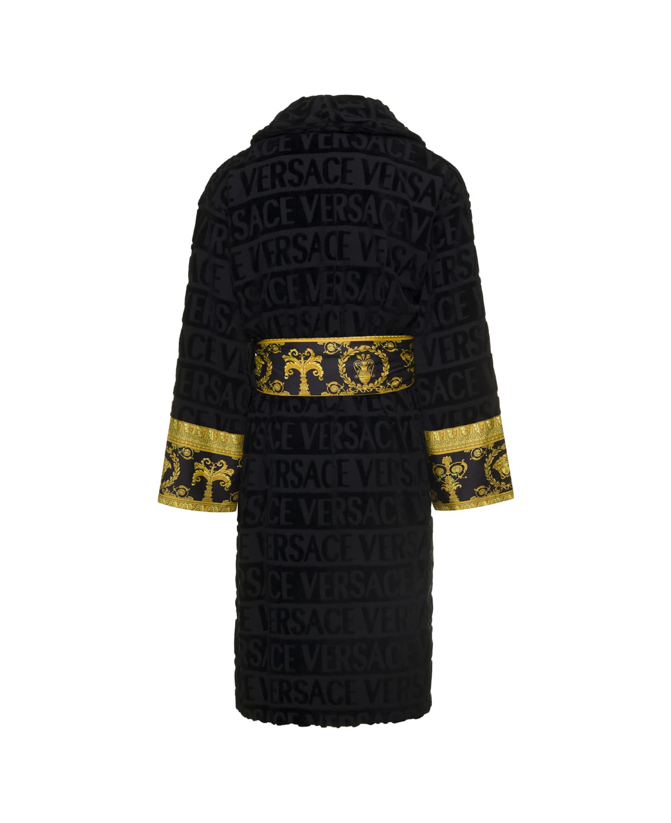 Versace Black Bathrobe With Baroque Pattern In Terry Cotton Versace Home - Black