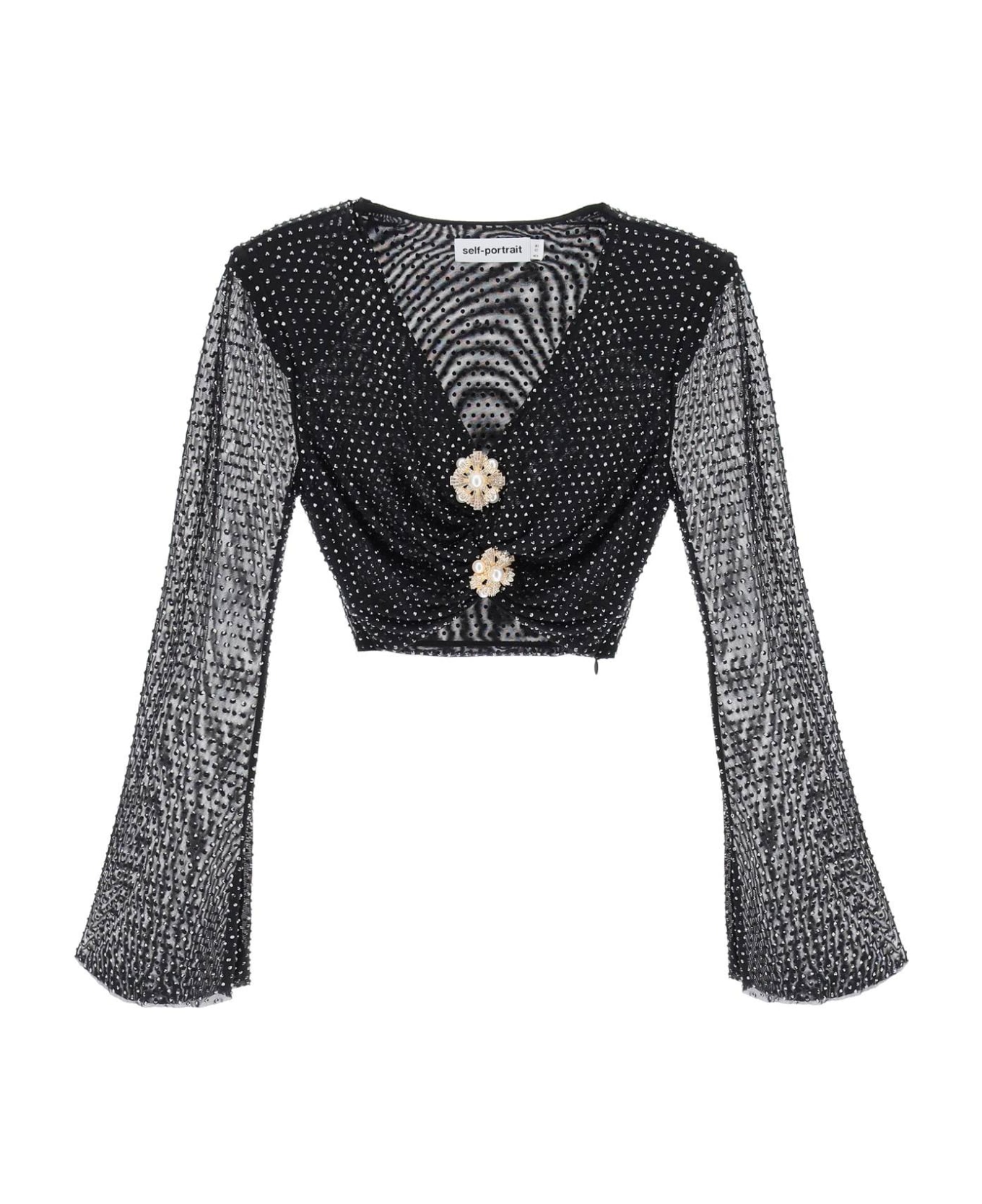 self-portrait Rhinestone-studded Cropped Top With Diamanté Brooches - BLACK (Black) トップス
