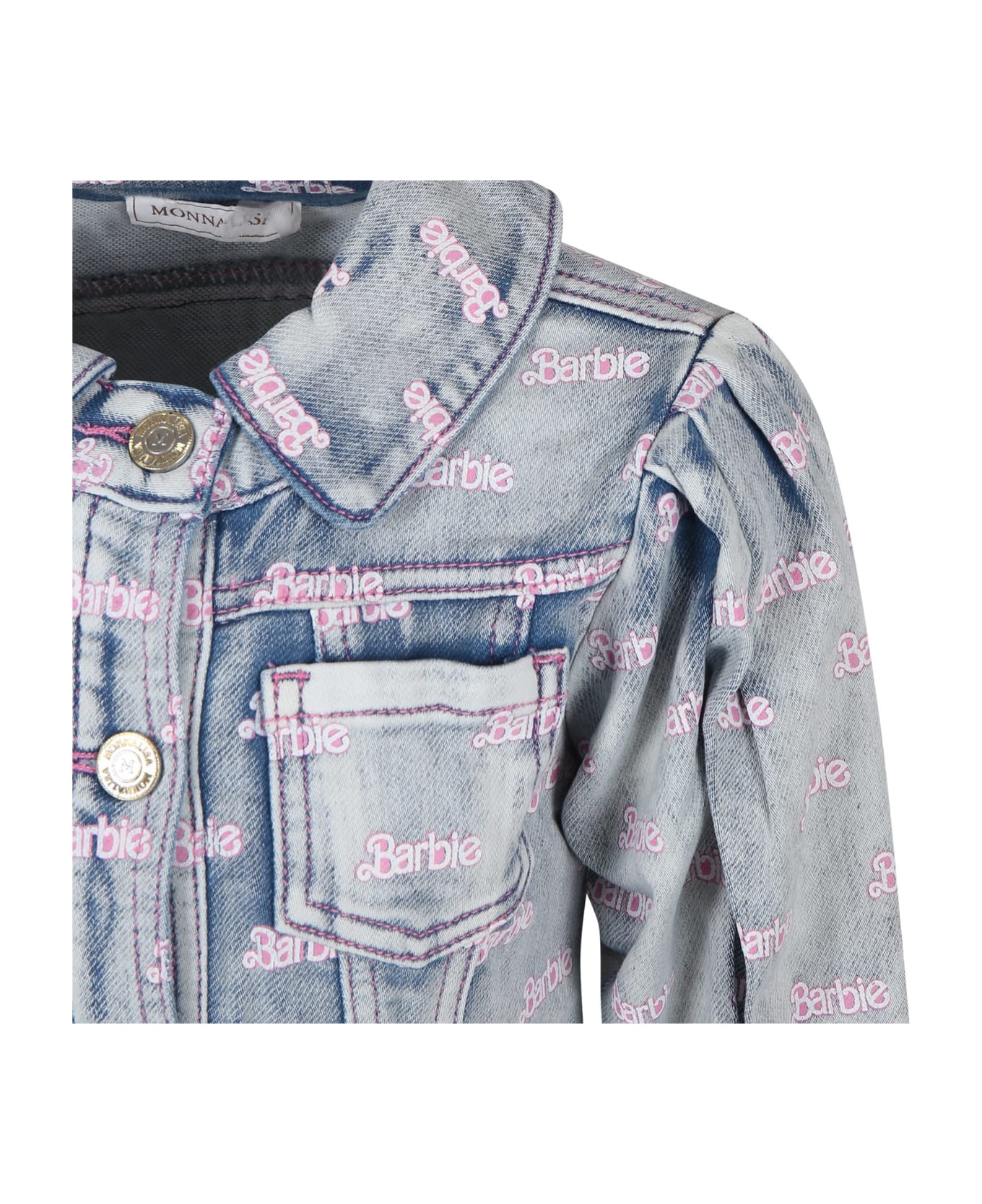 Monnalisa Blue Jacket For Girl With All-over Writing - Denim コート＆ジャケット
