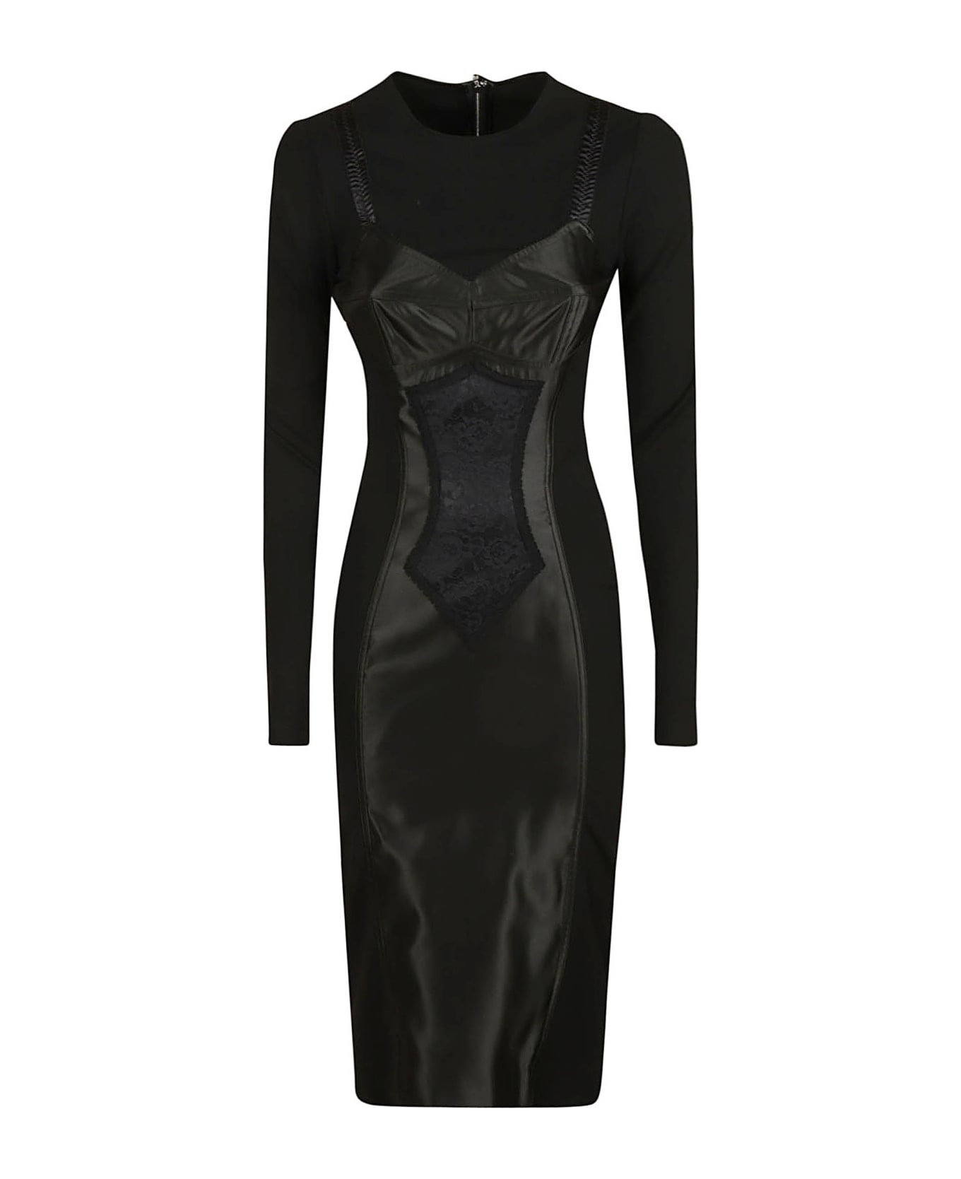 Dolce & Gabbana Rear Zip Layered Longsleeve Slim Dress - Black