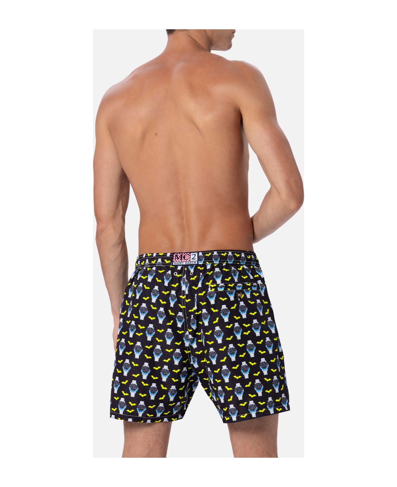 MC2 Saint Barth Man Lightweight Fabric Swim-shorts Lighting Micro Fantasy With Watches Print - BLACK