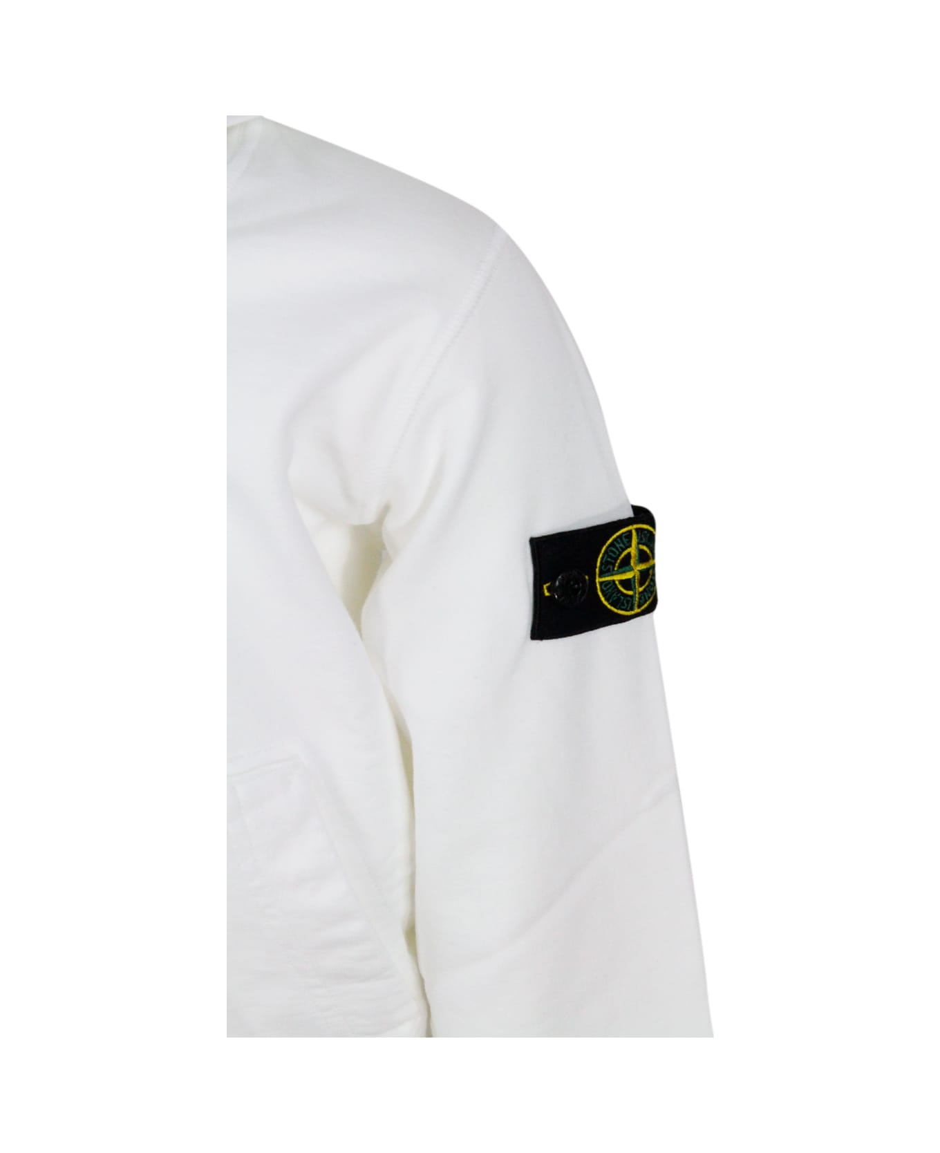 Stone Island Junior Cotton Sweatshirt With Hood, Kangaroo Pockets And Logo On The Sleeve - White