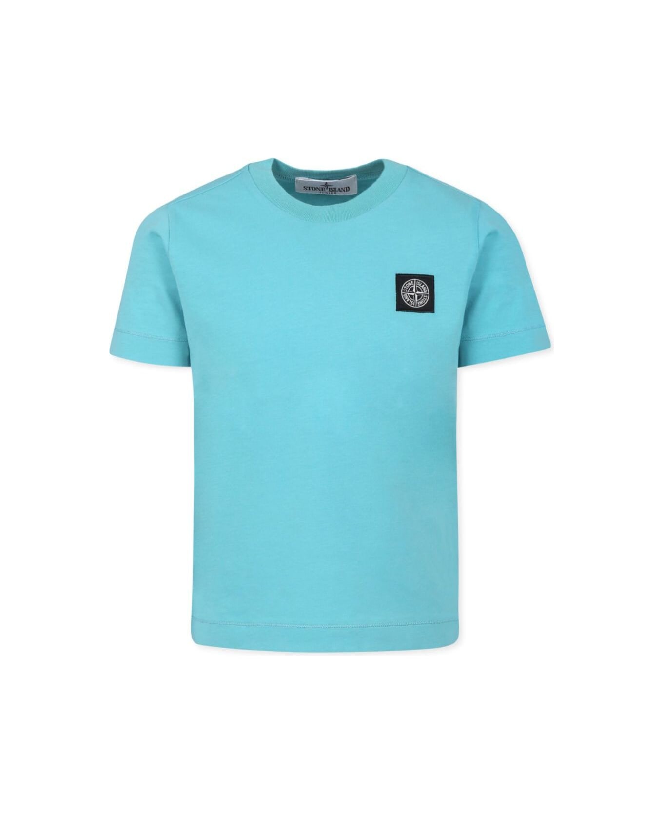 Stone Island Junior Light Blue T-shirt With Round Neck And Logo Patch On The Front In Cotton Boy - Light blue
