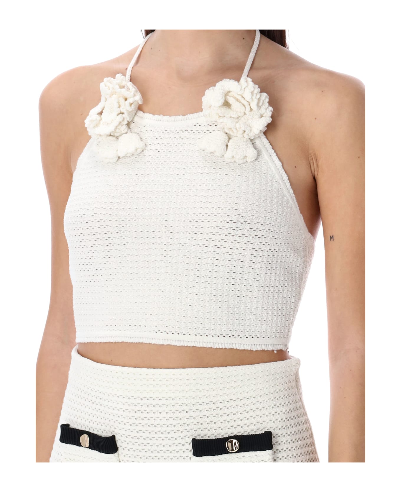self-portrait Crochet Crop Top - WHITE スカート