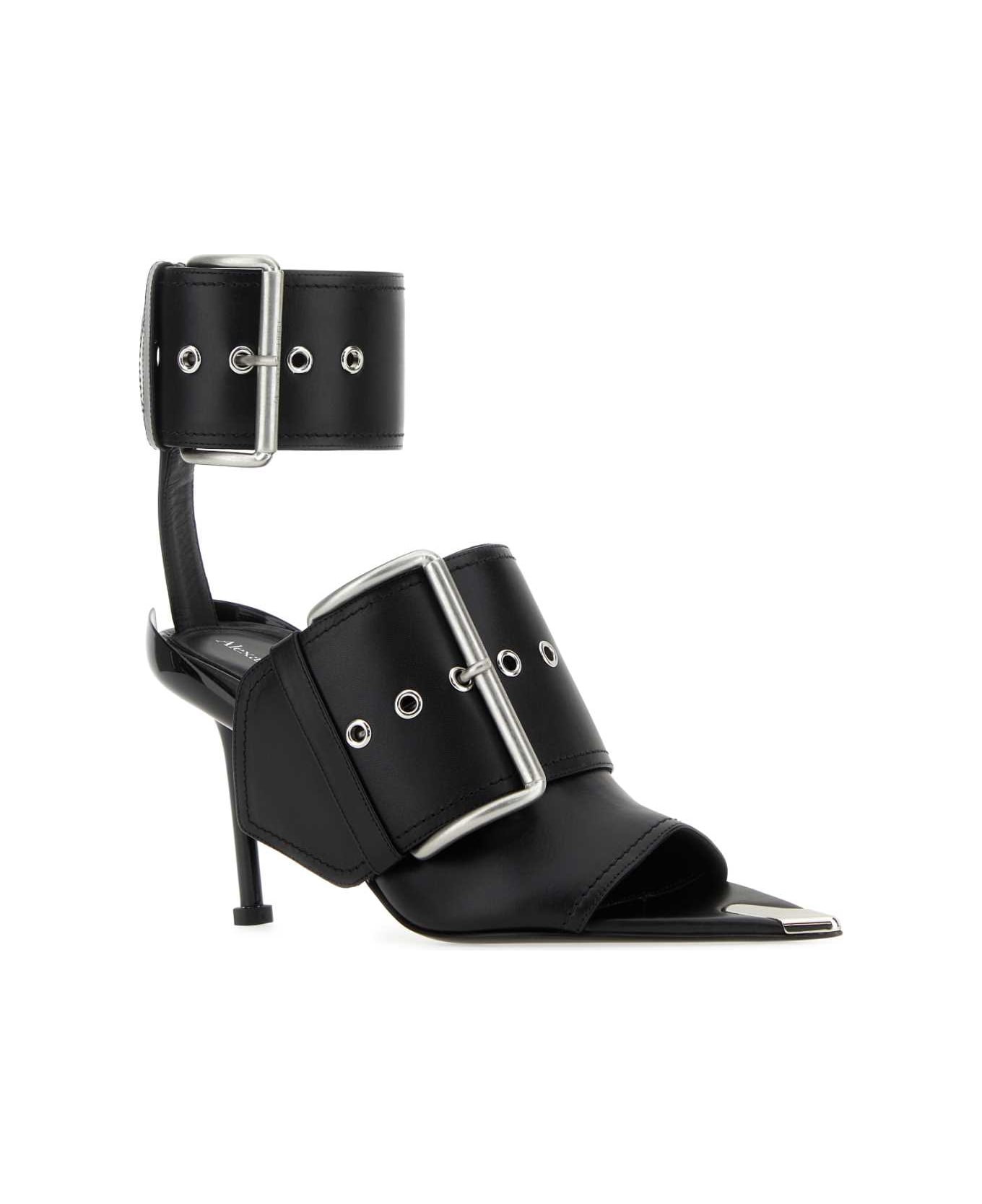 Alexander McQueen Black Leather Slash Sandals - BLACKBLACKSILVER サンダル