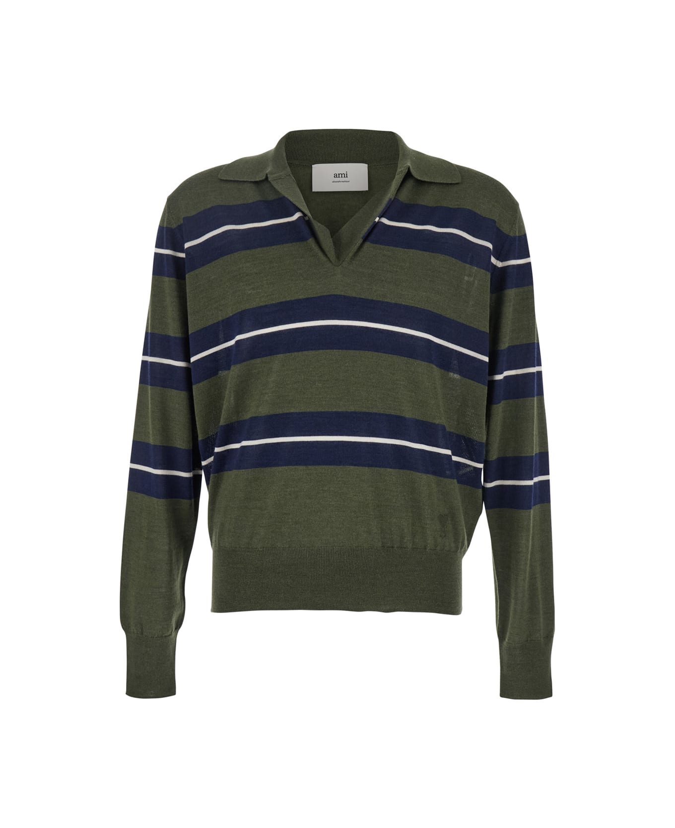 Ami Alexandre Mattiussi Green Polo With All-over Striped Motif And Polo-style Collar In Wool And Silk Blend Man - Green