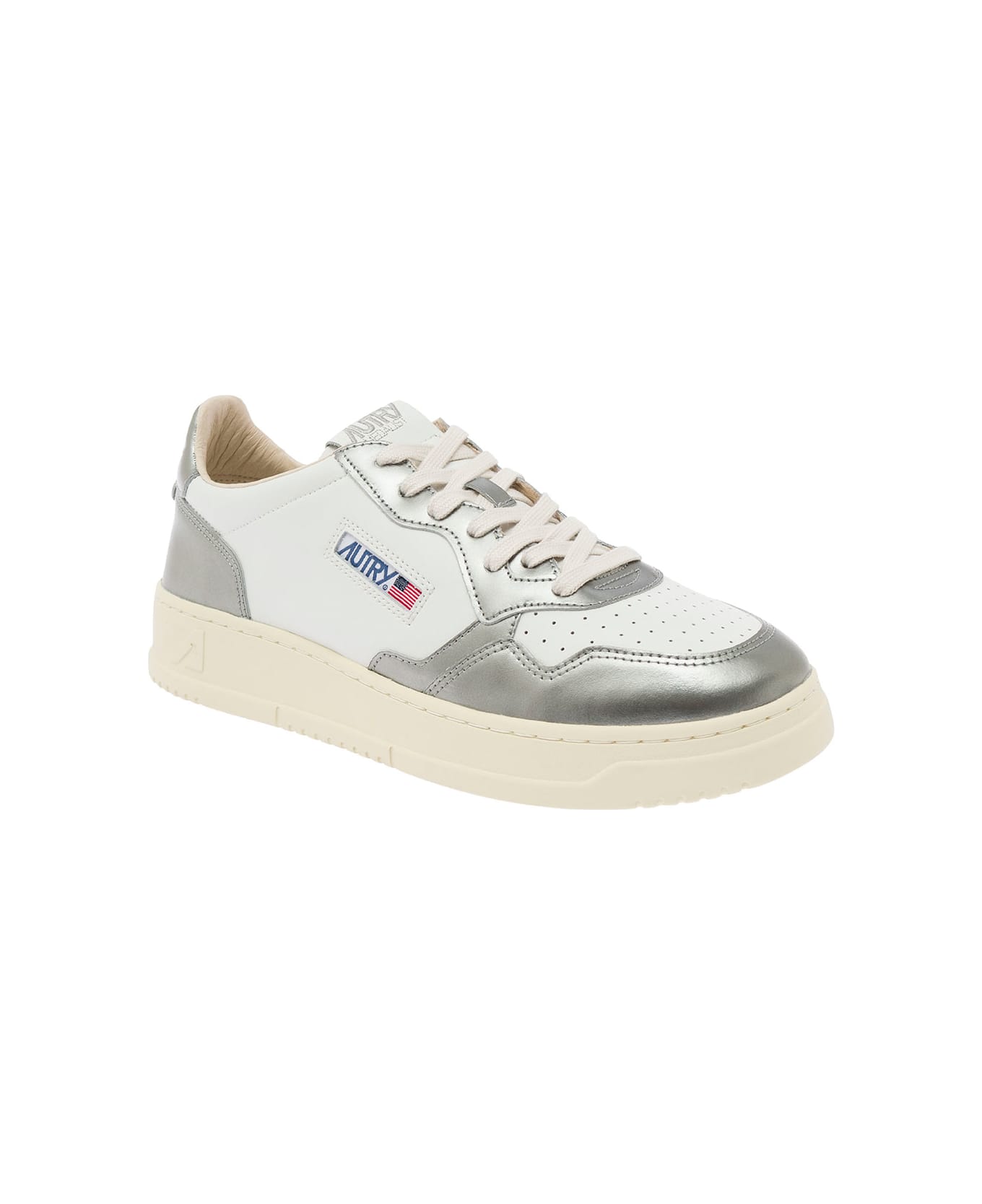 Autry 'medalist' White And Silver Low Top Sneakers With Logo Detail In Leather Man - Metallic スニーカー