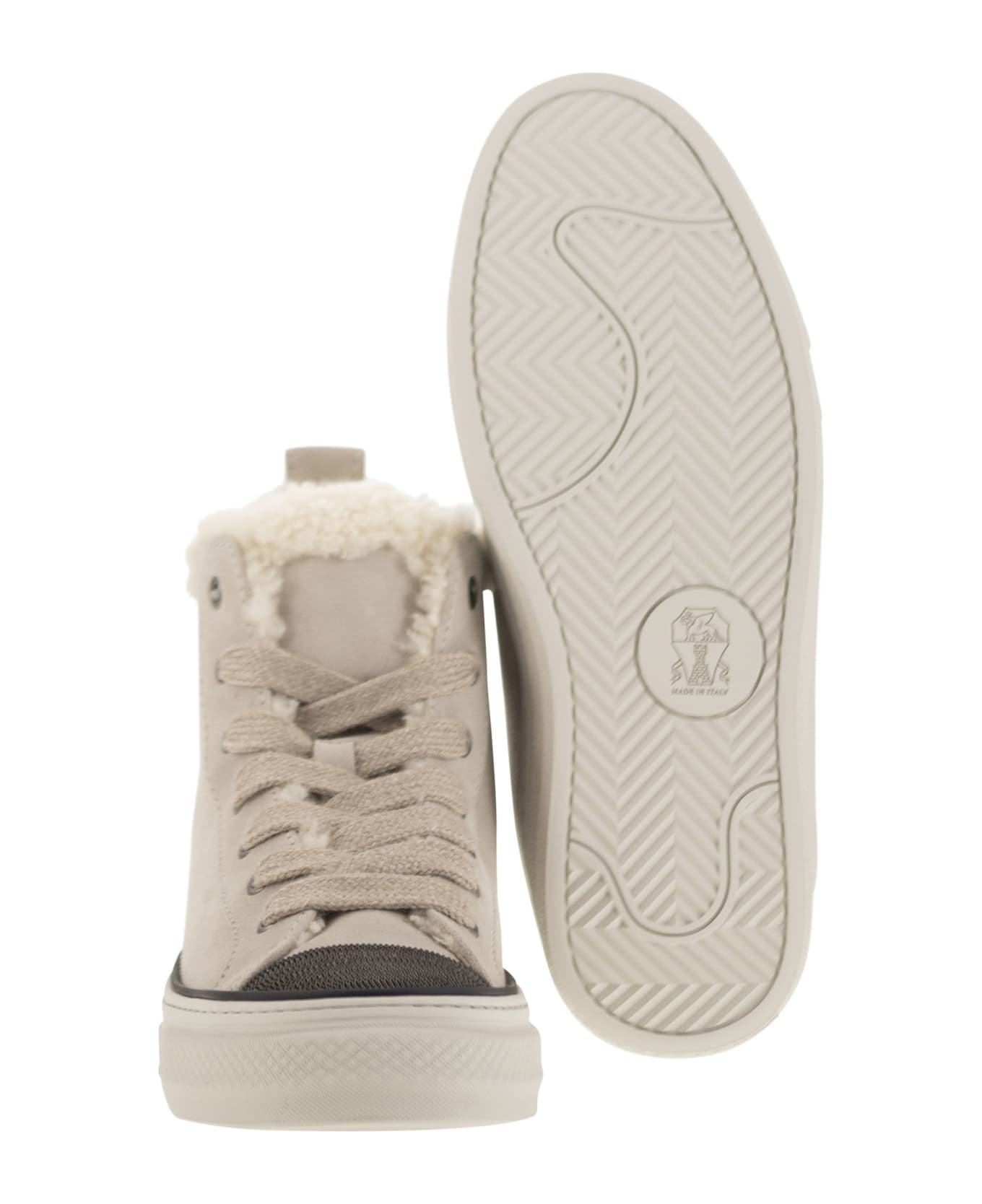 Brunello Cucinelli Suede Trainers With Shearling Lining And Jewelled Toe Cap - Ivory