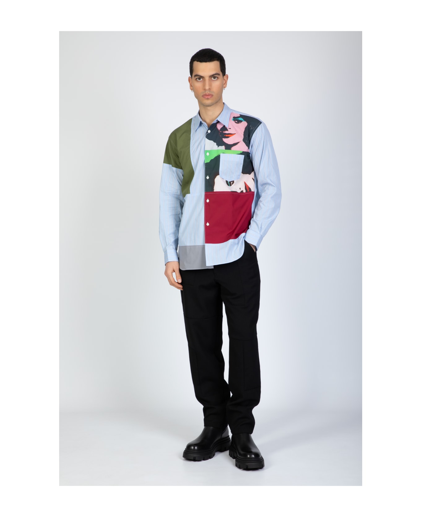 Comme des Garçons Shirt Mens Shirt Woven Multicolour Andy Warhol graphic patchwork shirt with long sleeves - Celeste