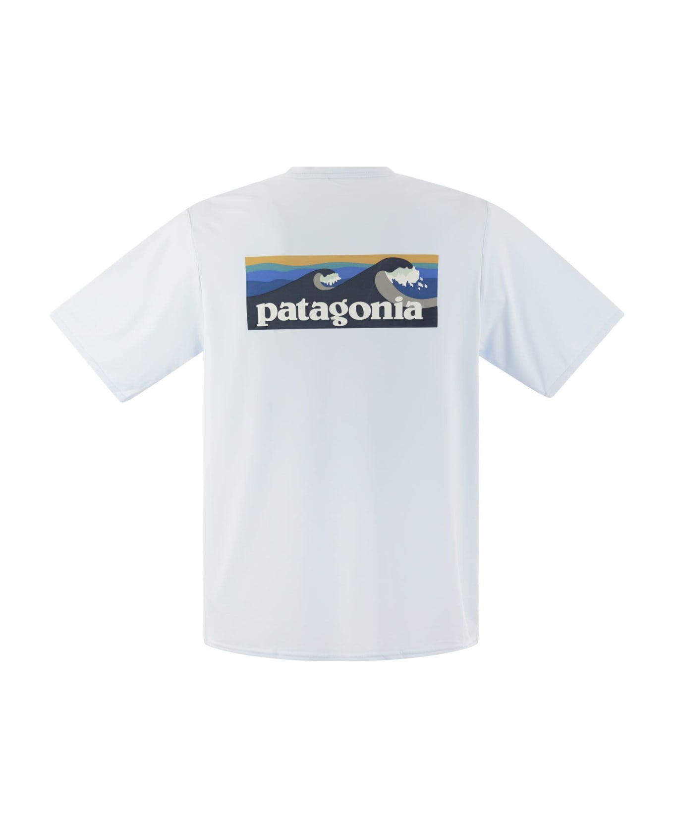 Patagonia T-shirt In Technical Fabric With Print On The Back - Light Blue
