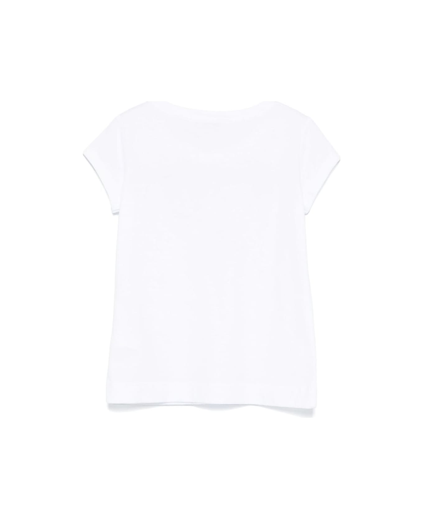 Monnalisa White Crewneck T-shirt With Bow Embroidery On The Front And Logo Lettering In Cotton Girl - White