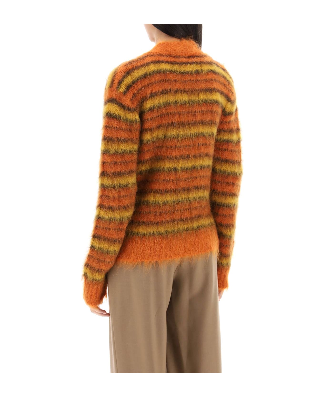 Marni Cardigan In Striped Brushed Mohair - Brick Red