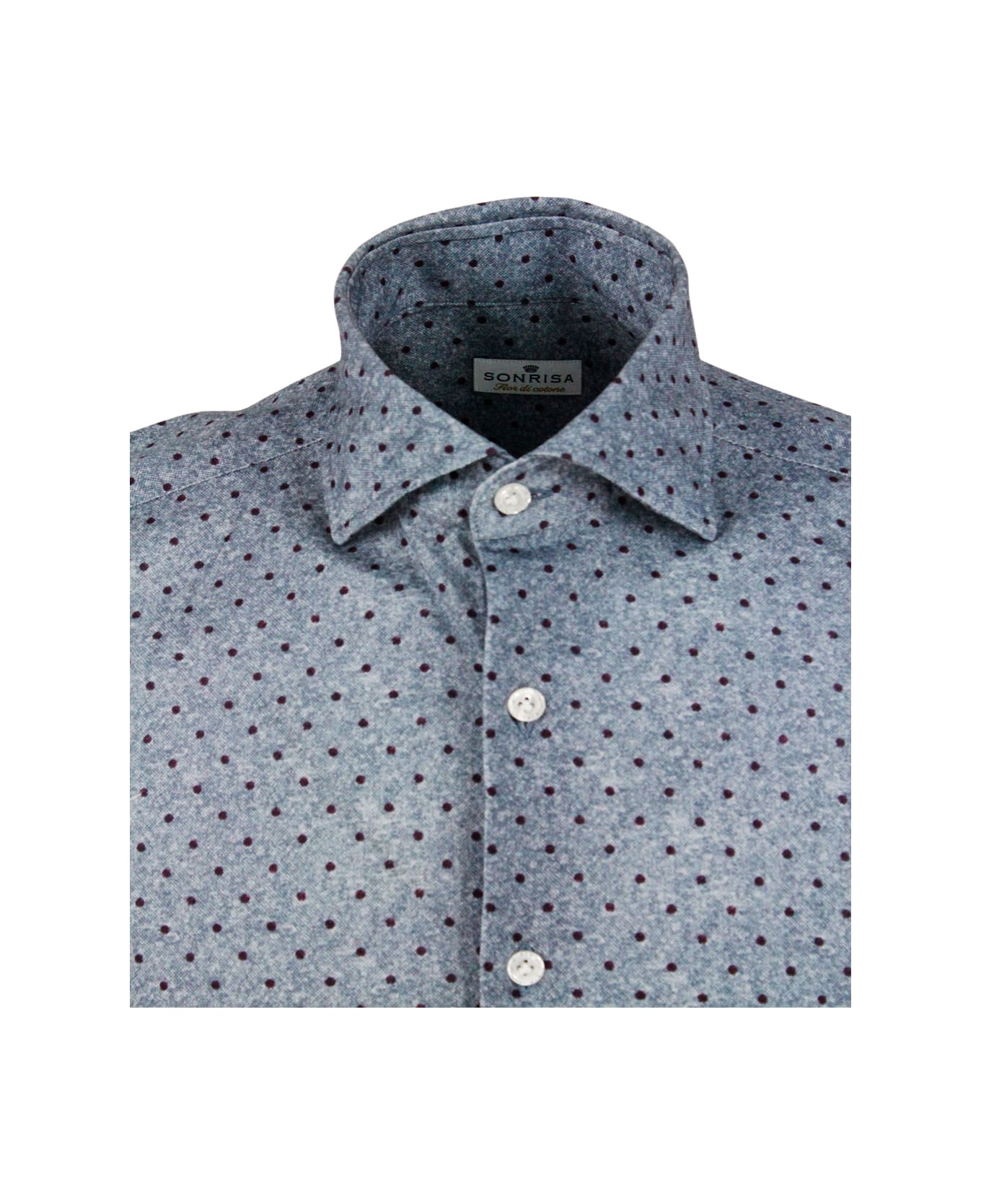 Sonrisa Luxury Shirt In Soft, Precious And Very Fine Stretch Cotton Flower With French Collar In Small Polka Dot Print In Burgundy Color - Blu