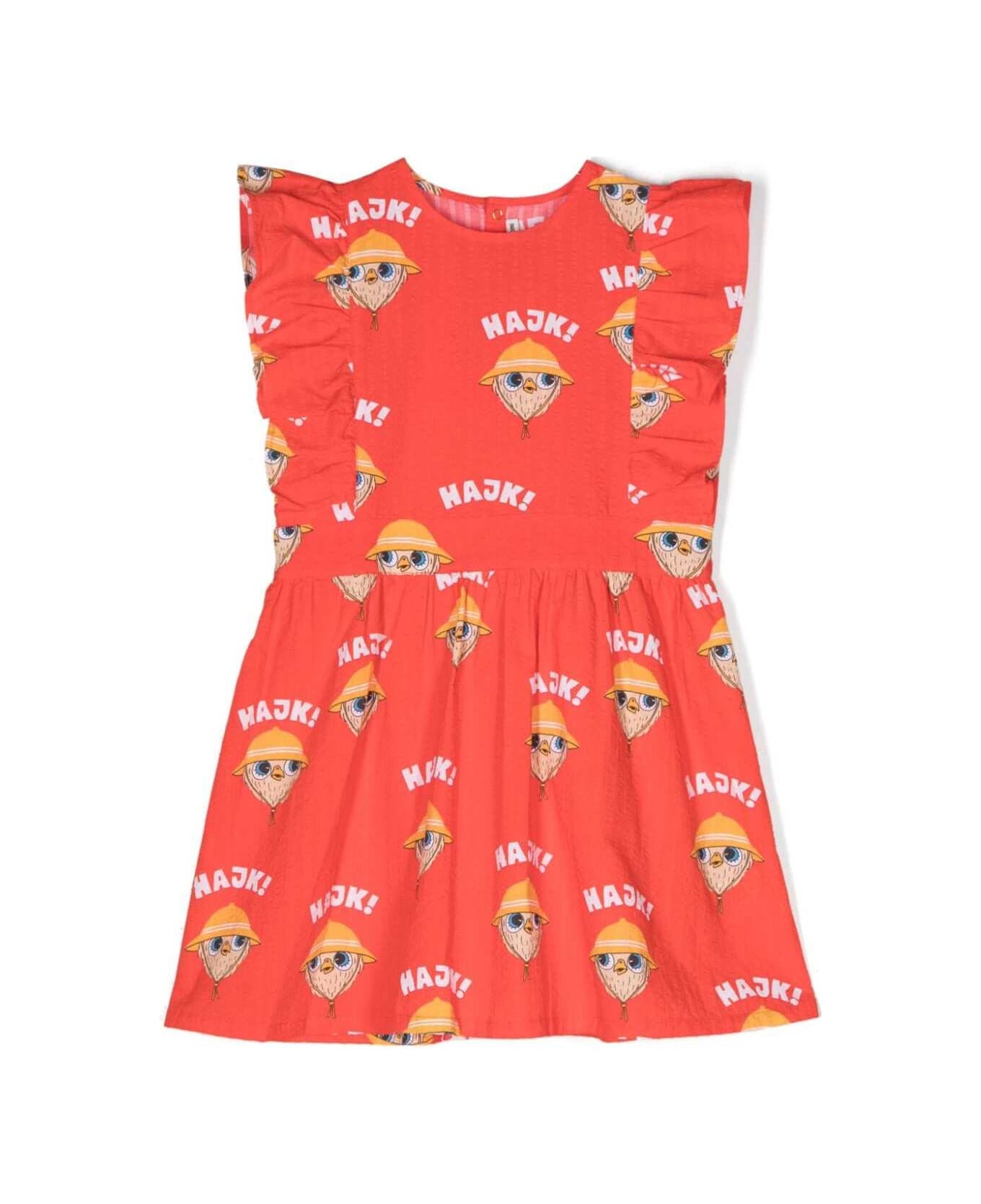 Mini Rodini Red Dress With All-over Owl Print And Ruffles In Cotton Girl - Red ワンピース＆ドレス