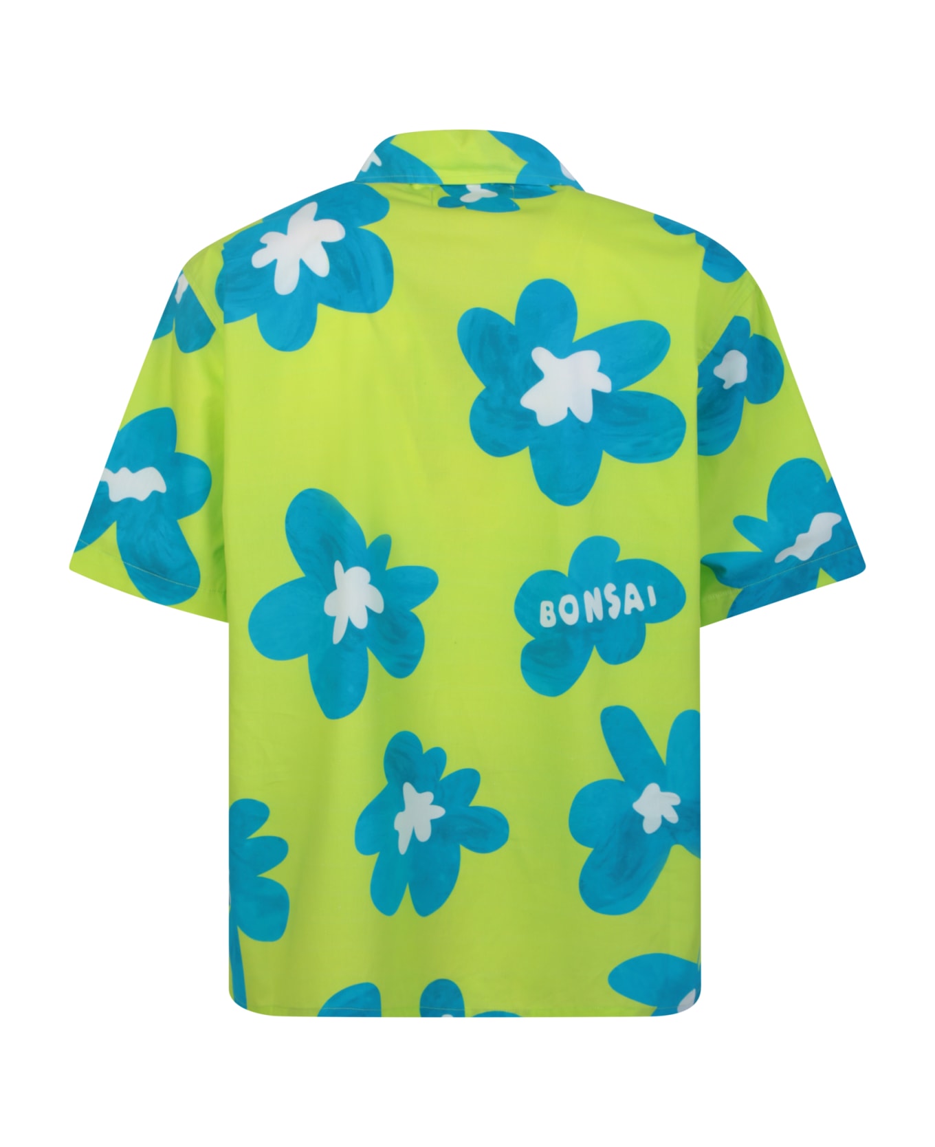 Bonsai Floral Print Lime Green/blue Bowling Shirt - Green