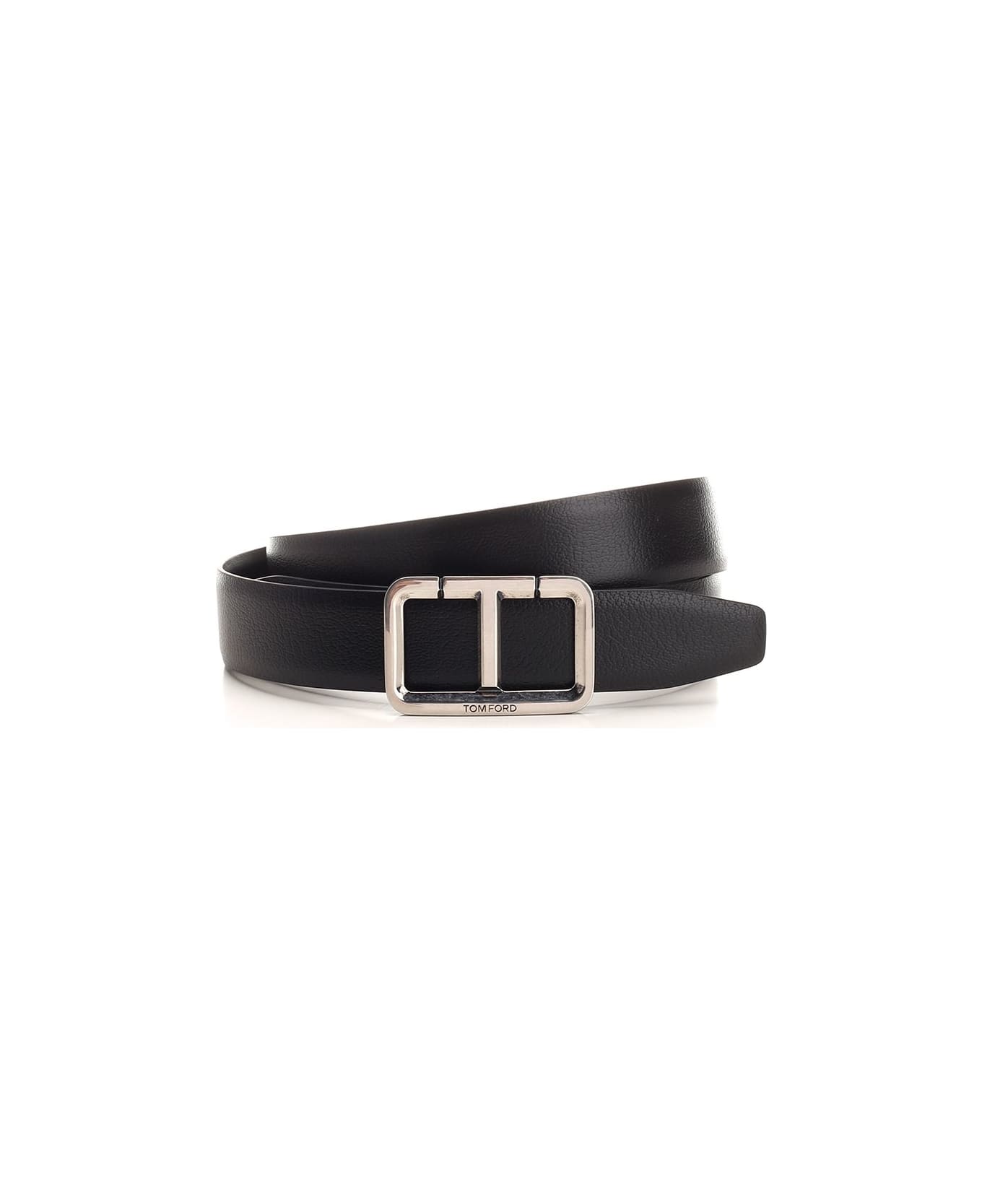 Tom Ford "t" Shiny Leather Belt With Silver Buckle - Black