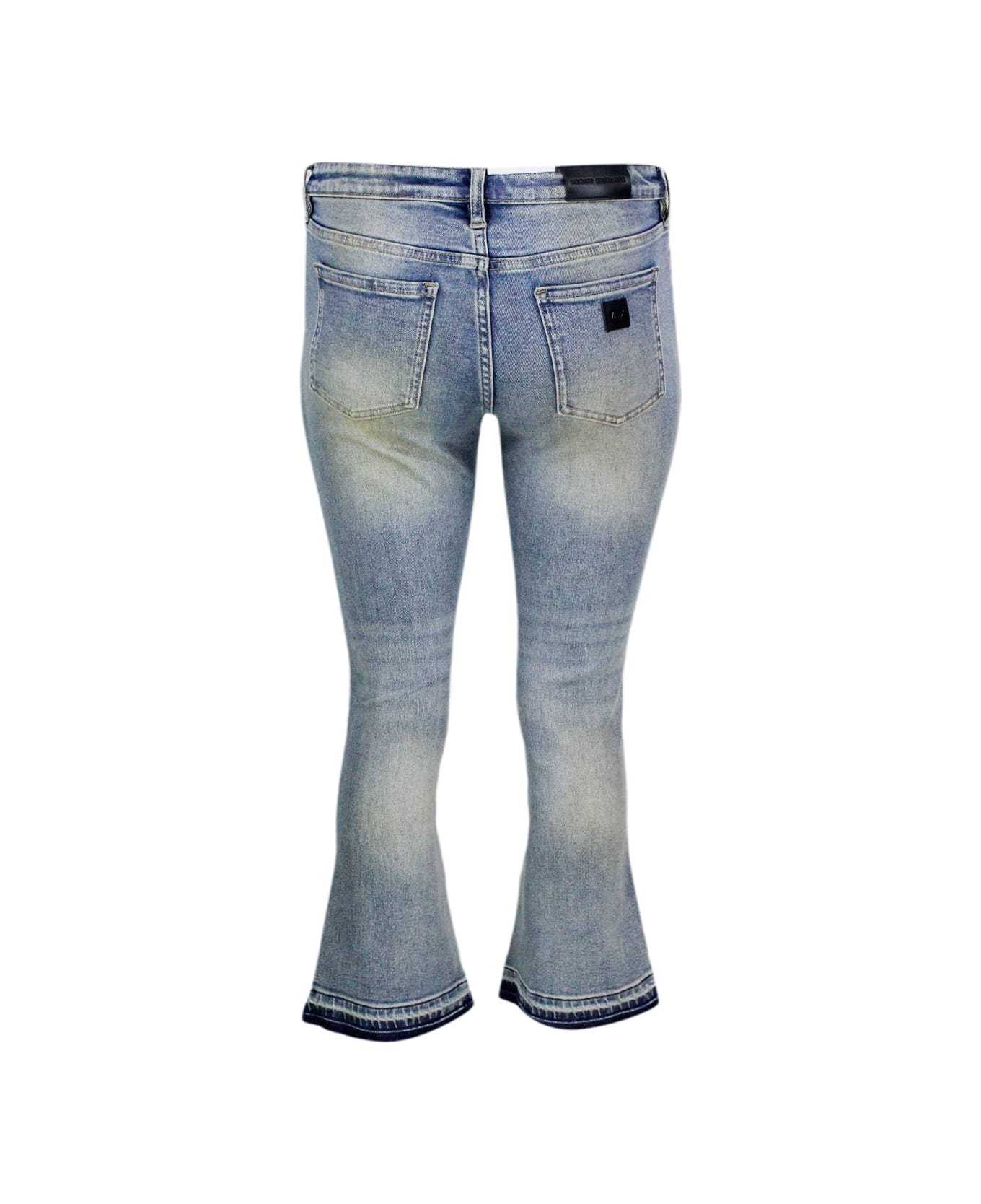 Armani Collezioni Stretch Jeans In Vintage Effect Denim Flare Capri Model With Fringed Trumpet Bottom. - Denim