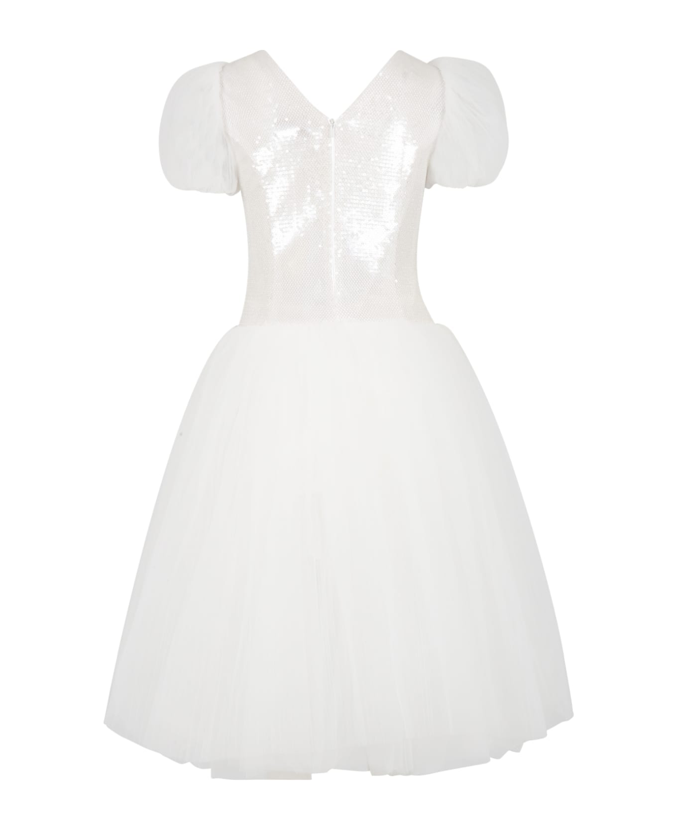 Monnalisa White Dress For Girl With Flowers - White ワンピース＆ドレス