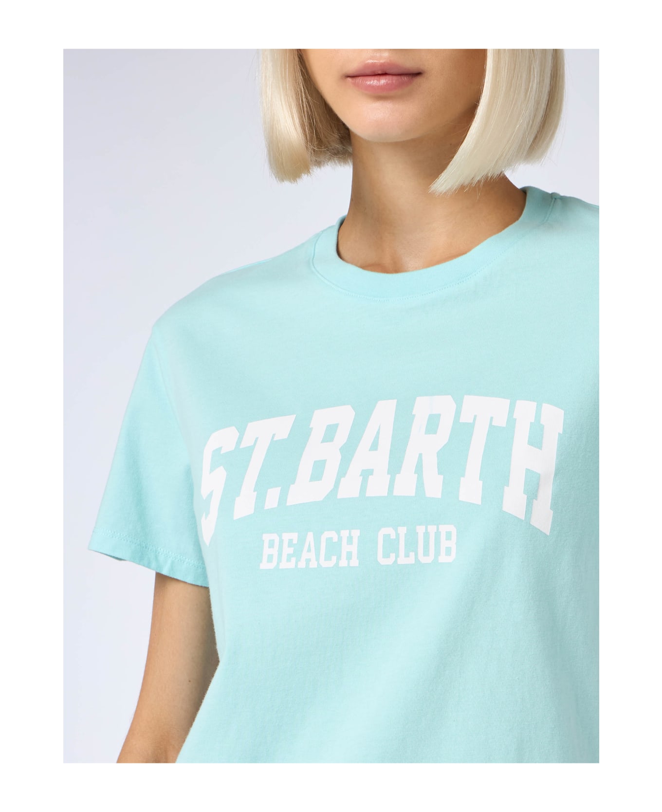 MC2 Saint Barth Woman Cotton Jersey Crewneck T-shirt Emilie With St. Barth Beach Club Print - GREEN