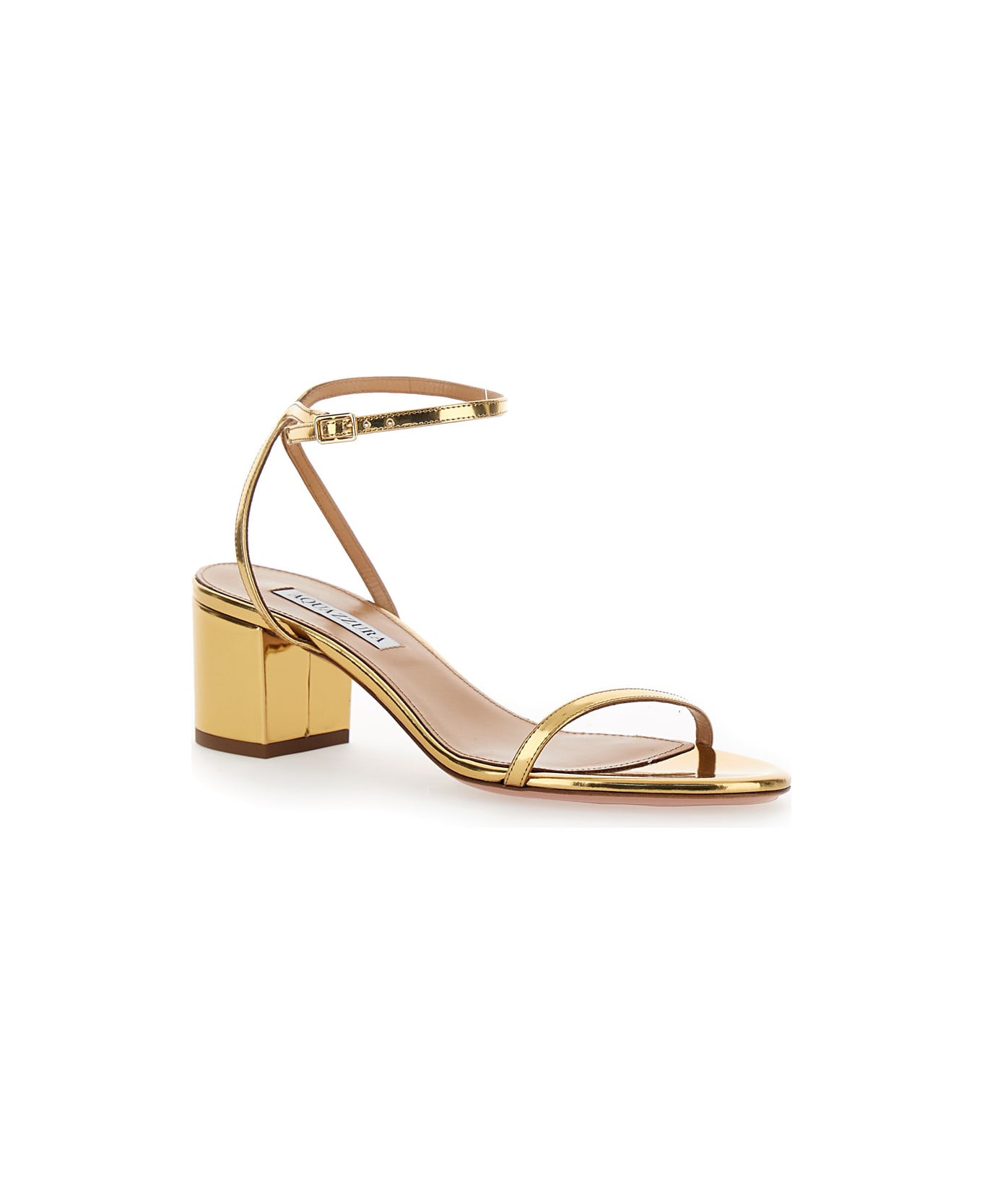 Aquazzura 'olie' Gold Tone Sandals With Block Heel In Laminated Leather Woman - Metallic