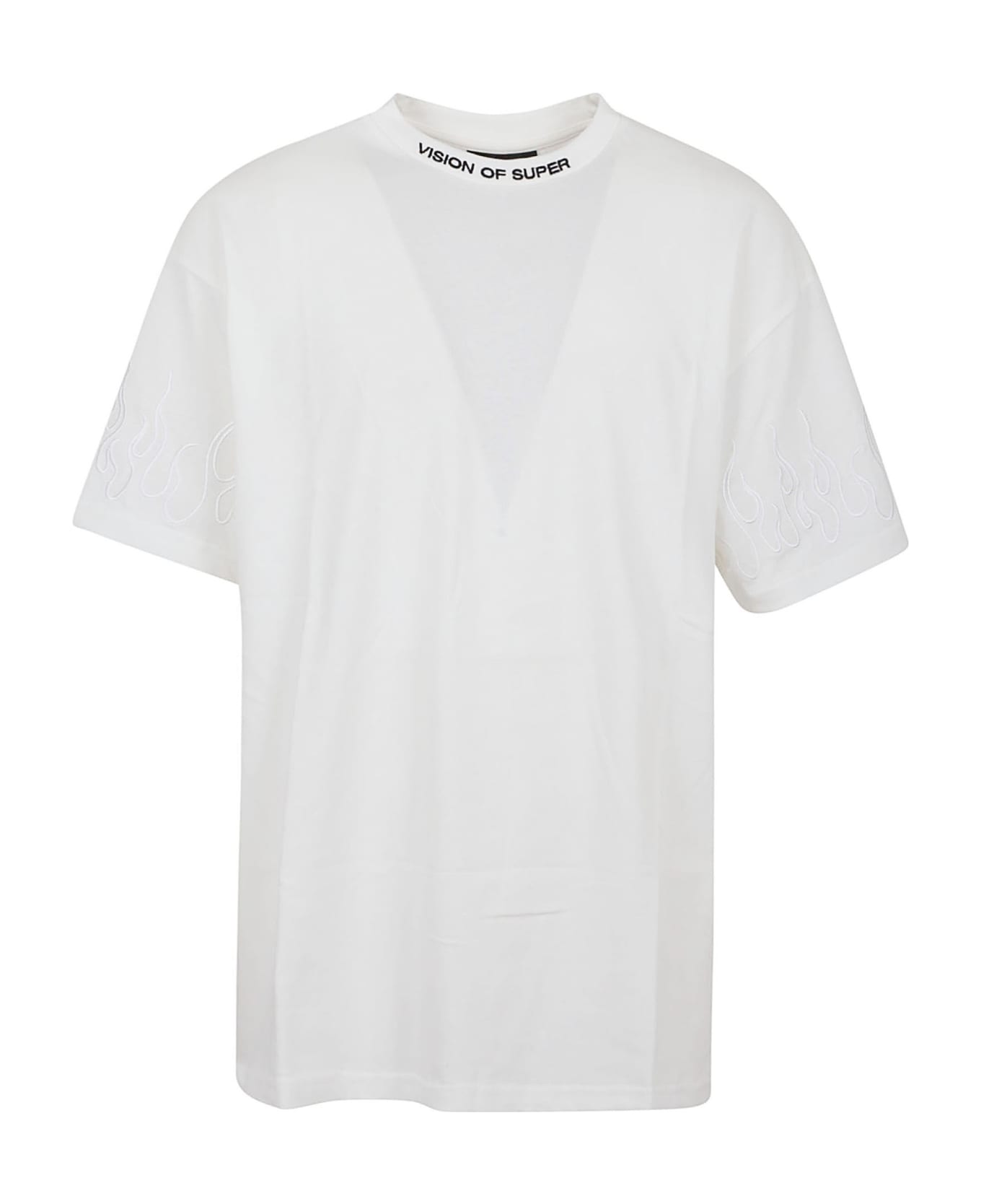 Vision of Super White Tshirt With White Embroidered Flames - White