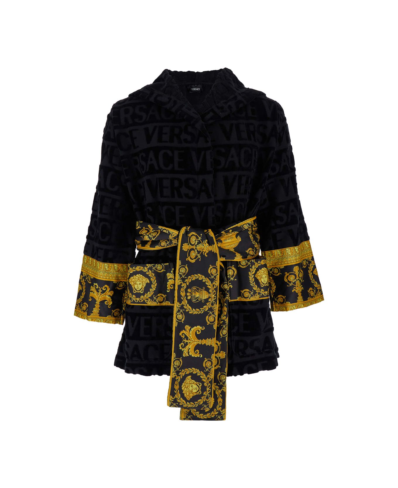 Versace Black Terry Cotton Bathrobe With Baroque Pattern - Black