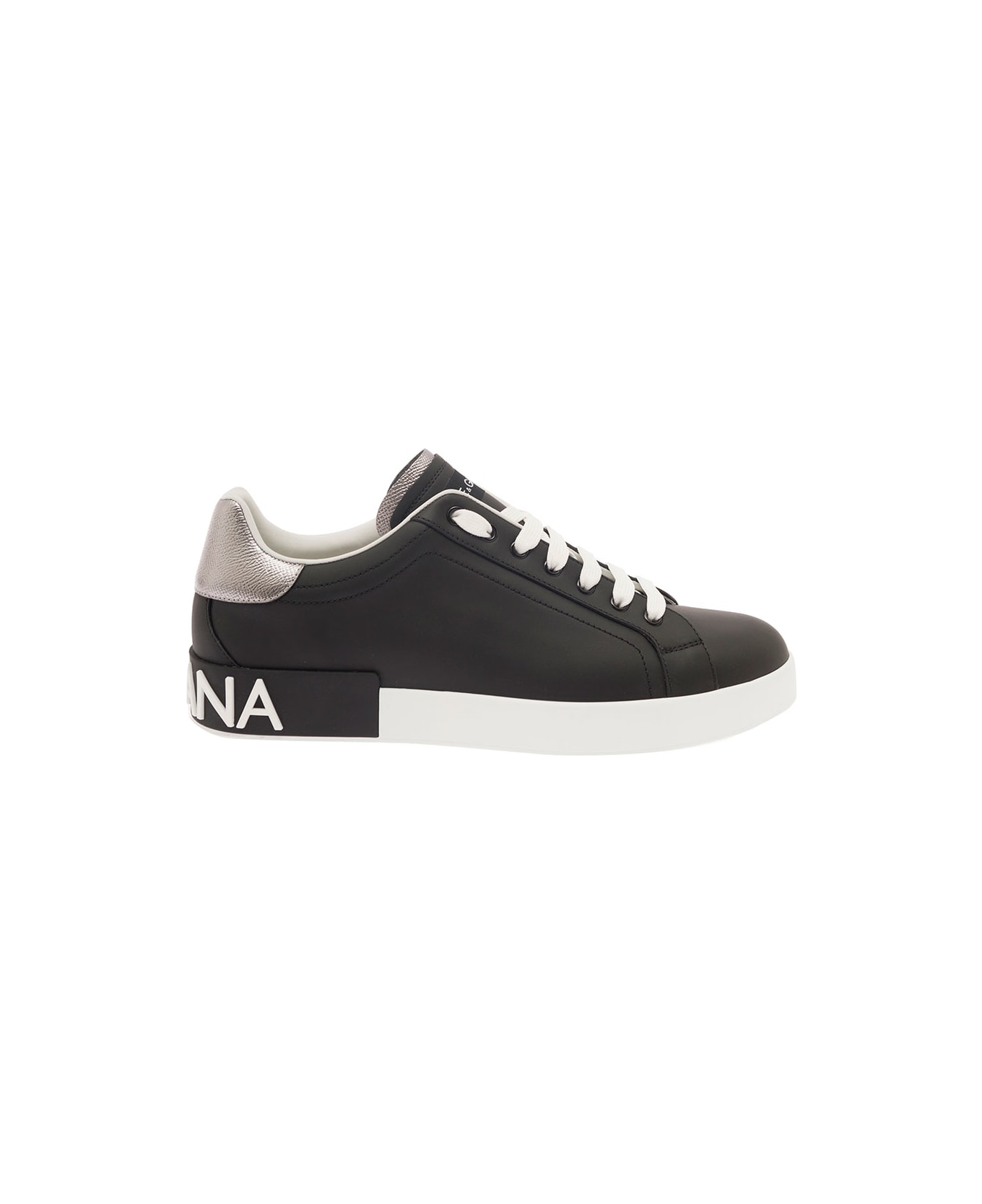 Dolce & Gabbana 'portofino' Black Low Top Sneakers With Metal Heel Tab And Logo Patch In Leather Man - Black スニーカー