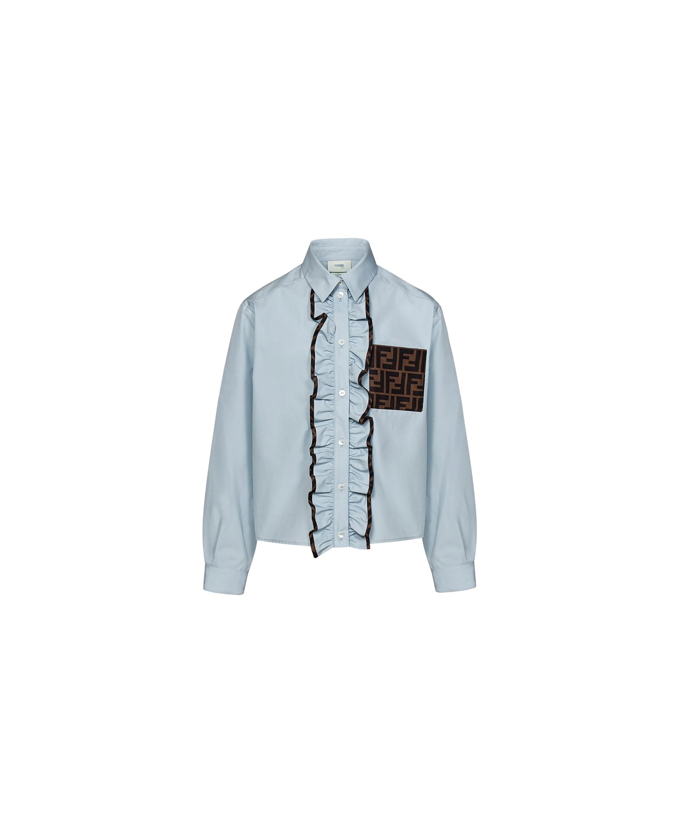 Fendi Light Blue Shirt With Ruffles And Ff Motif - Blue