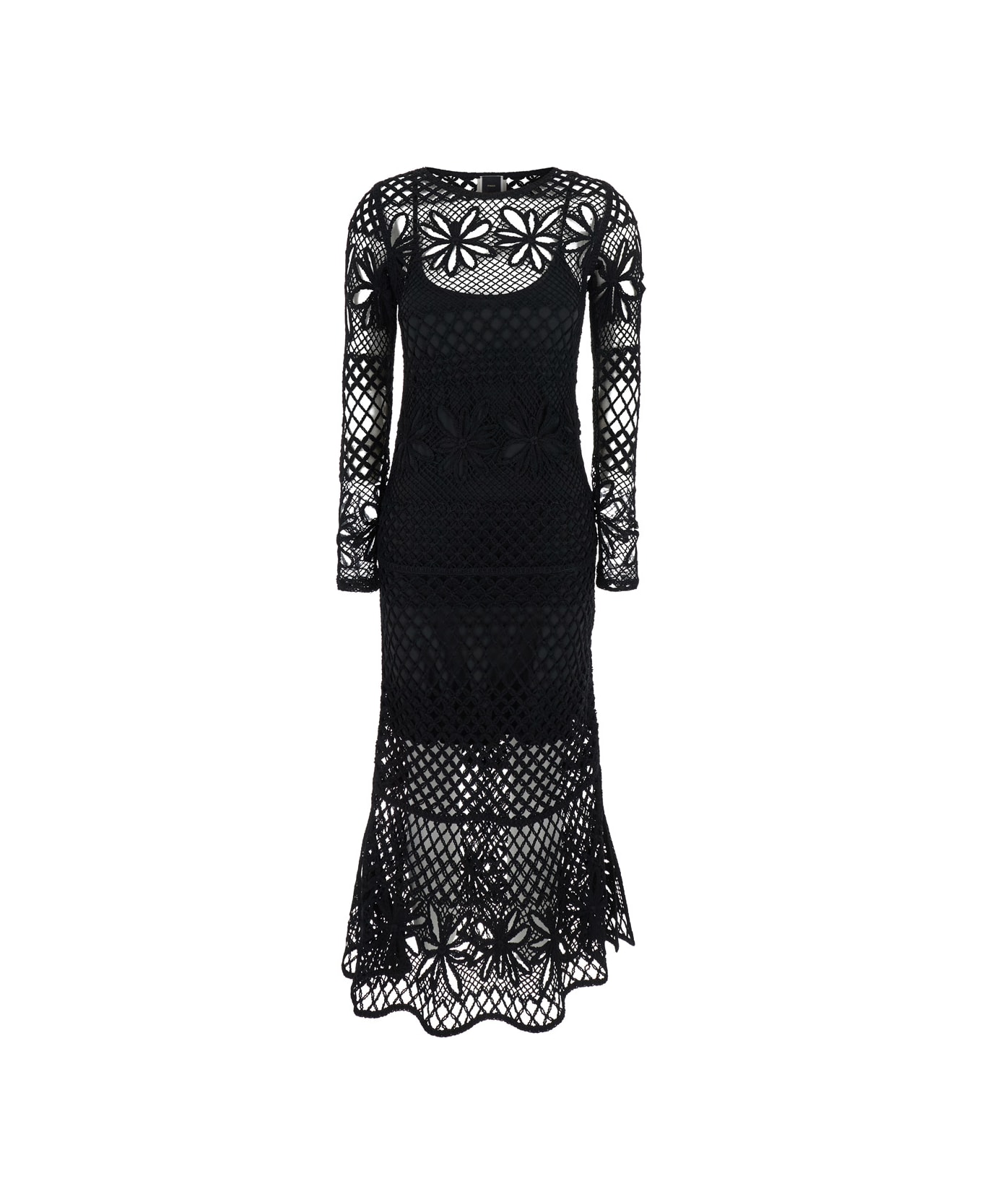Pinko Black Crewneck Long Dress With Fishnet Design And All-over Floral Embroidery - NERO LIMOUSINE