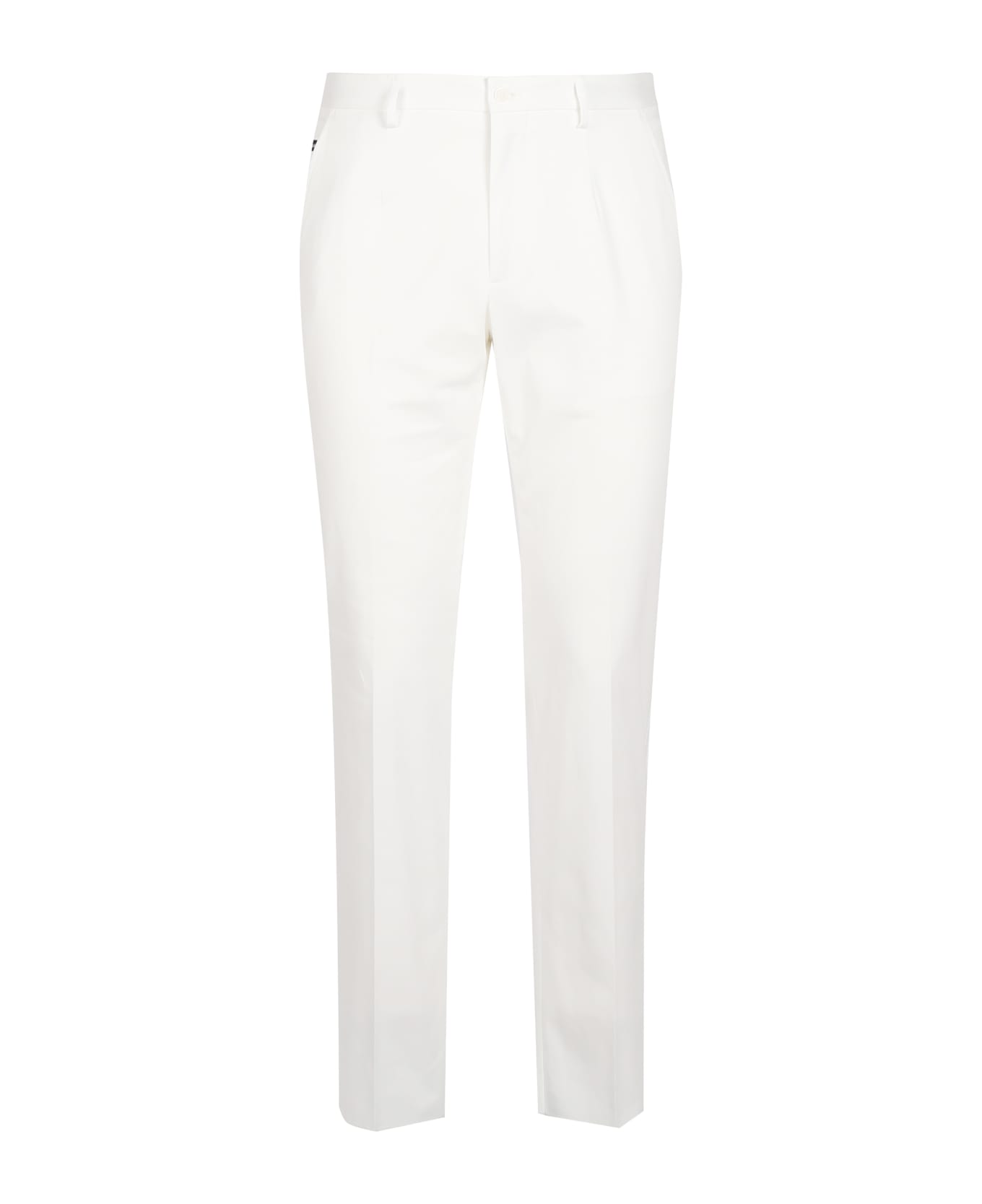 Dolce & Gabbana Stretch Cotton Trousers With Logoed Plaque - White