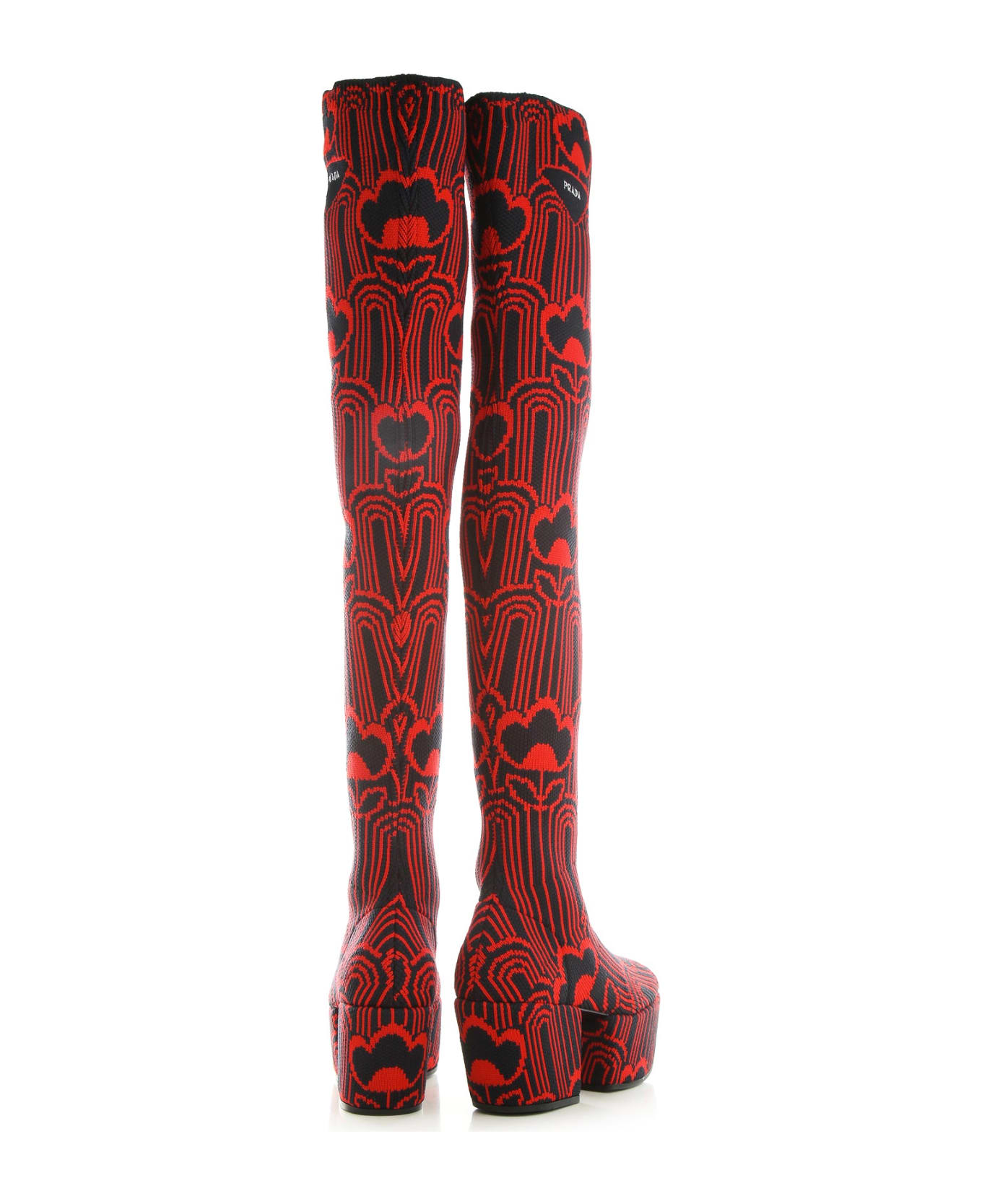 Prada Jaquard Embroidered Boots - Red
