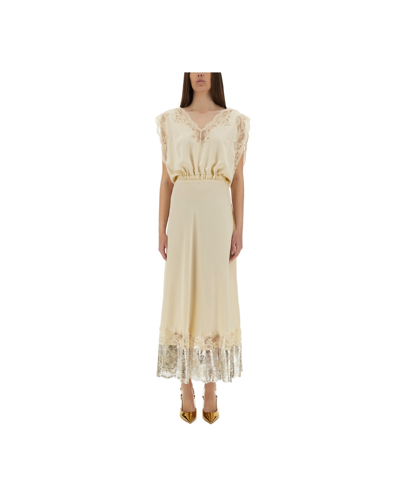 Paco Rabanne Midi Dress With Lace Inlays - IVORY