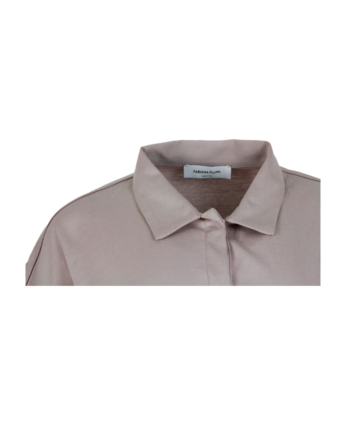 Fabiana Filippi Polo Shirt In Stretch Cotton Jersey With Short Sleeves And Cuffs Embellished With Jewels - Pink