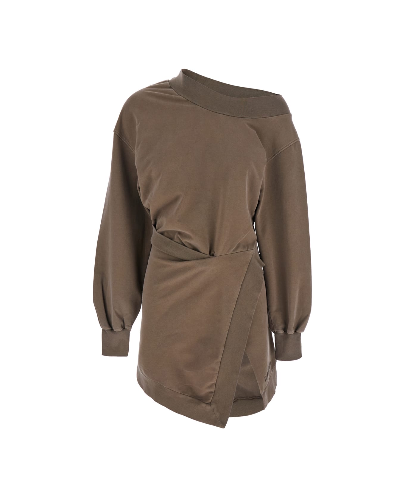 The Attico Brown Off-shoulder Mini Dress With Logo Lettering On The Hem In Cotton Stretch Woman - Brown