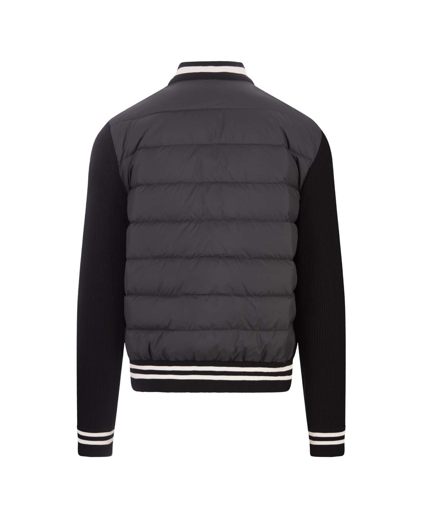 Moncler Black Bomber Style Cardigan With Striped Hem - Black