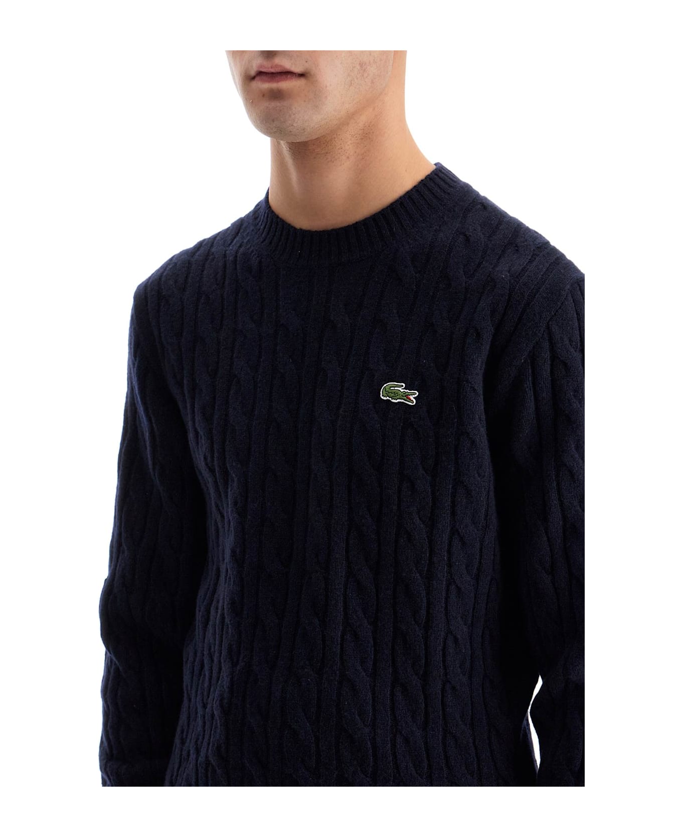Lacoste Classic Fit Cable Knit Wool Pullover - Navy