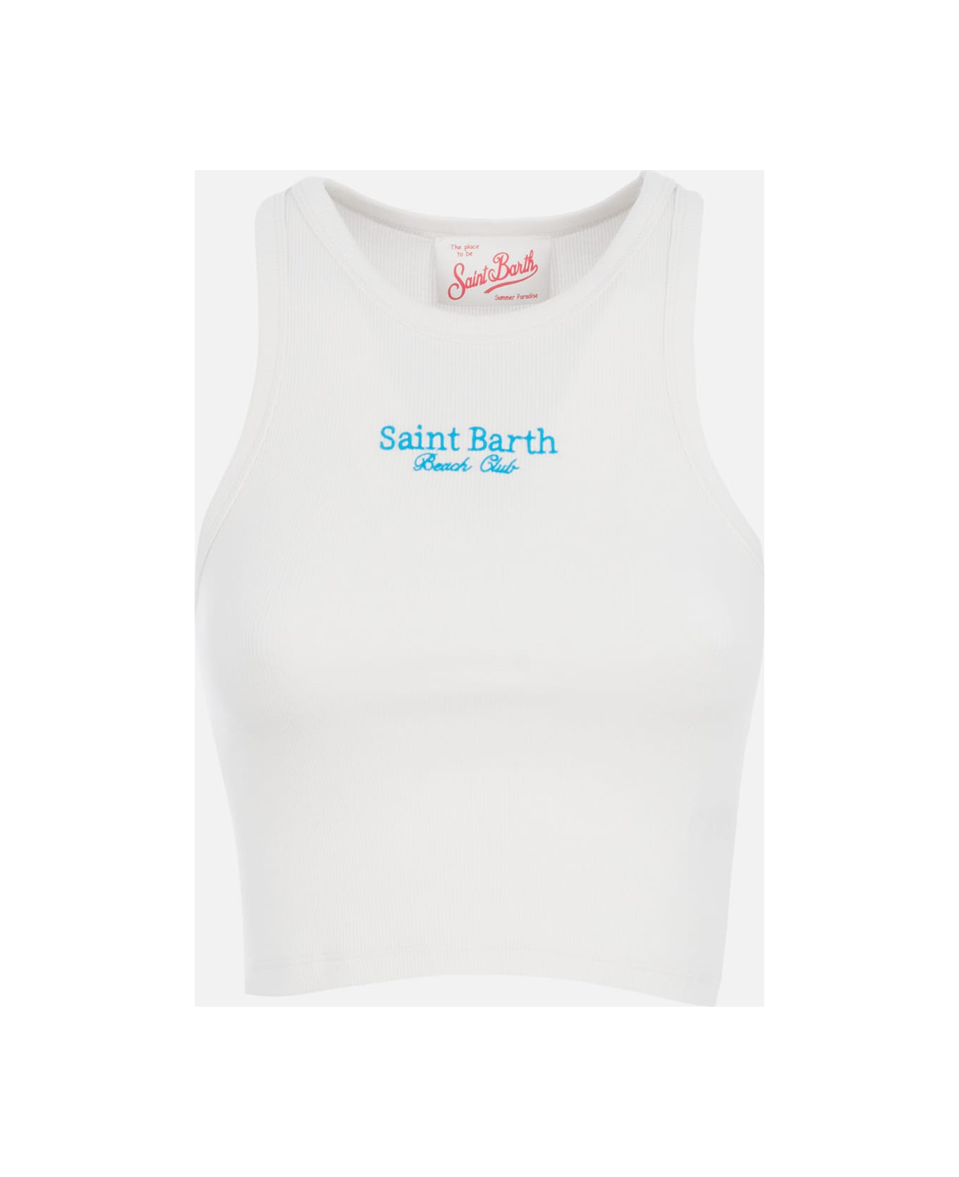 MC2 Saint Barth Woman Rib-knit Cotton Crop Tank With Saint Barth Beach Club Embroidery - WHITE